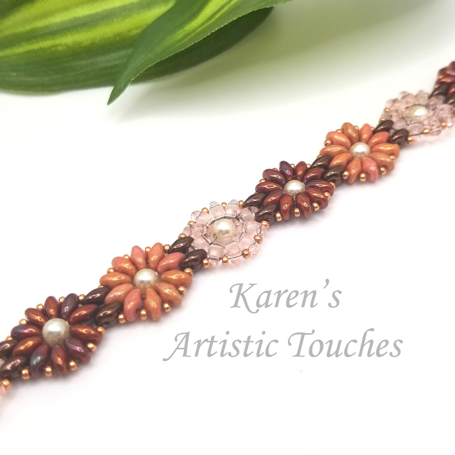 Daisy Chain Handcrafted Beaded Bracelet in Coral, Brown, and Peach - Multicolor Flower Jewelry, Perfect Anniversary Gift