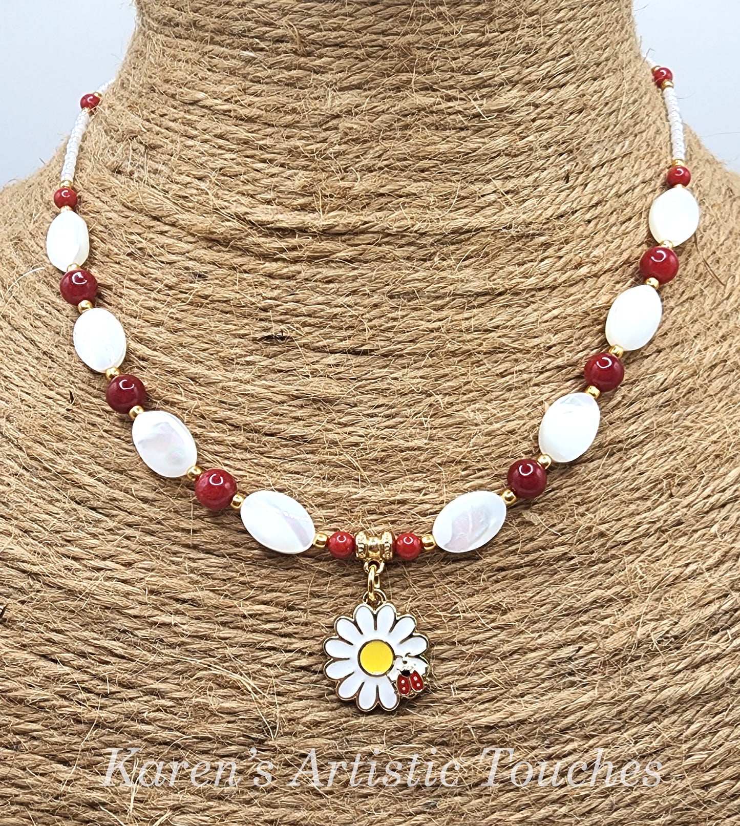 Daisy with Ladybug Charm Necklace with Ruby Jade and Mother of Pearl Beads – 16" Long