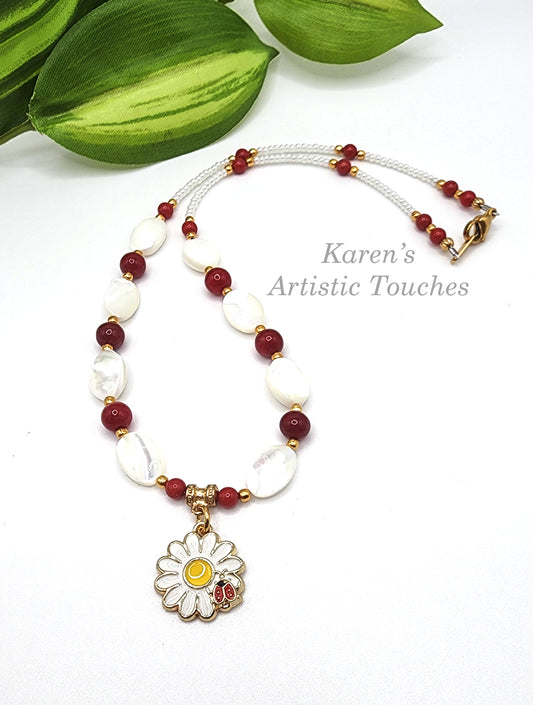 Daisy with Ladybug Charm Necklace with Ruby Jade and Mother of Pearl Beads – 16" Long