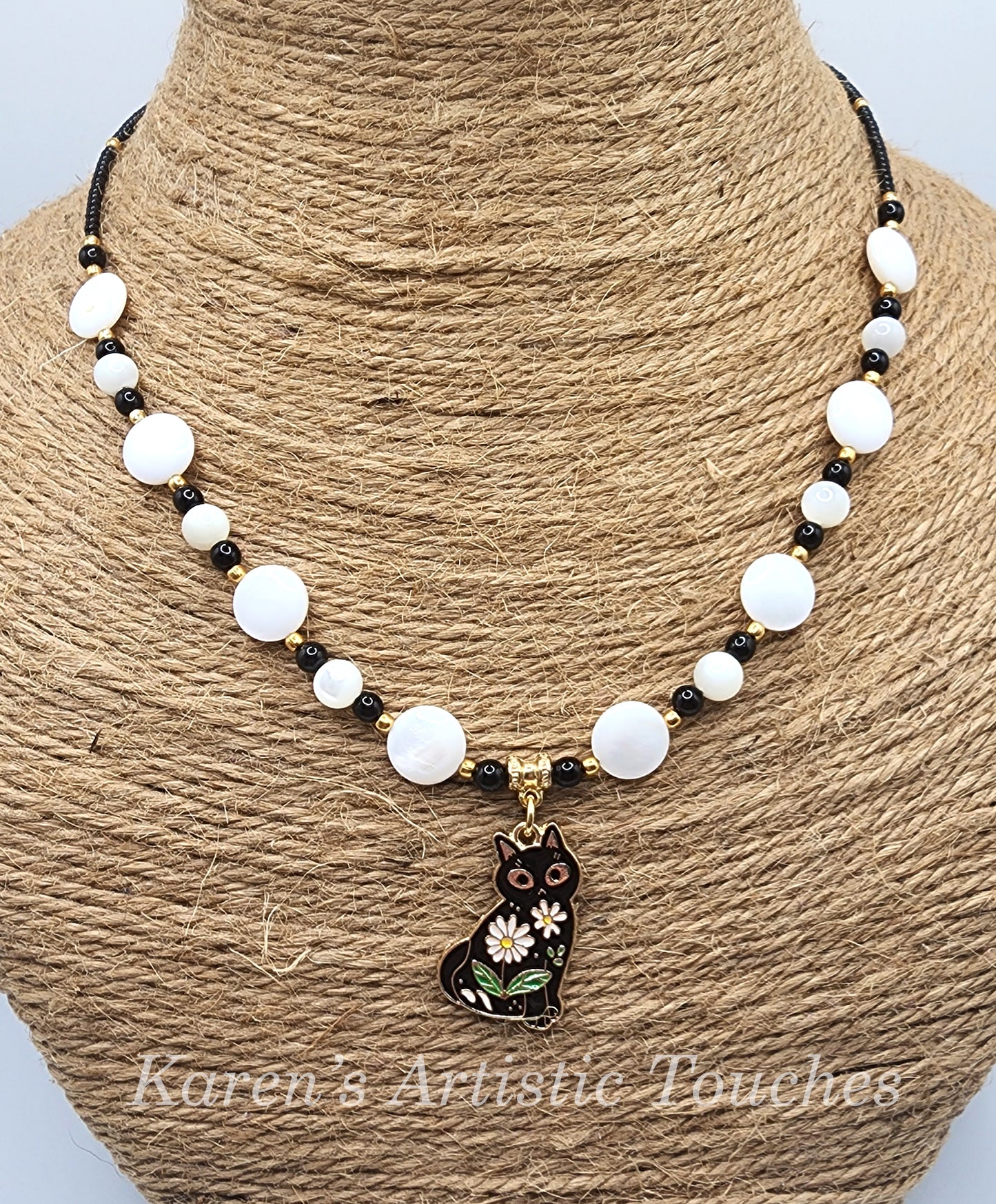 Enameled Cat Charm Necklace with Shell, Mother of Pearl, and Black Czech Glass Beads – 17.5" Long