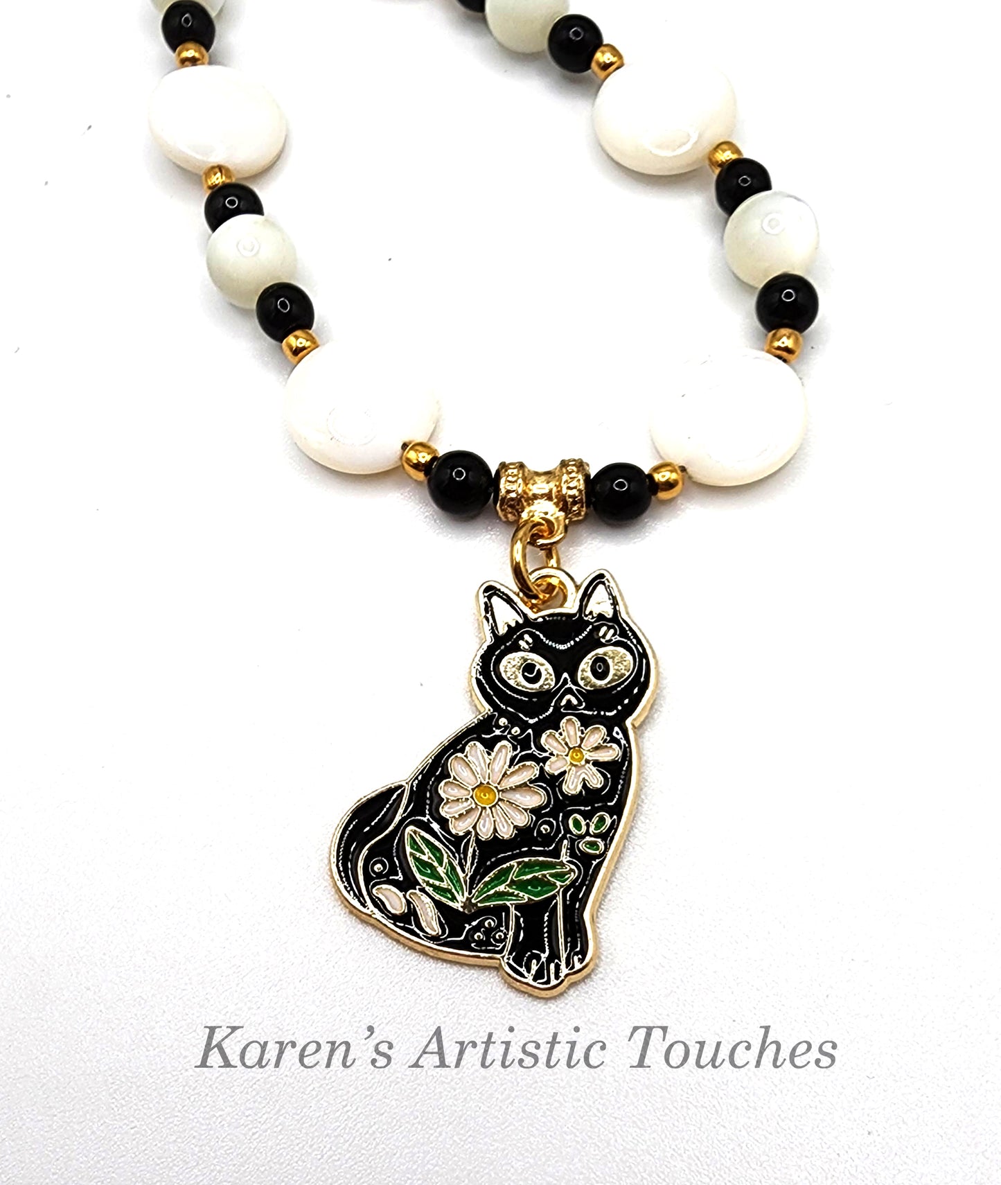 Enameled Cat Charm Necklace with Shell, Mother of Pearl, and Black Czech Glass Beads – 17.5" Long