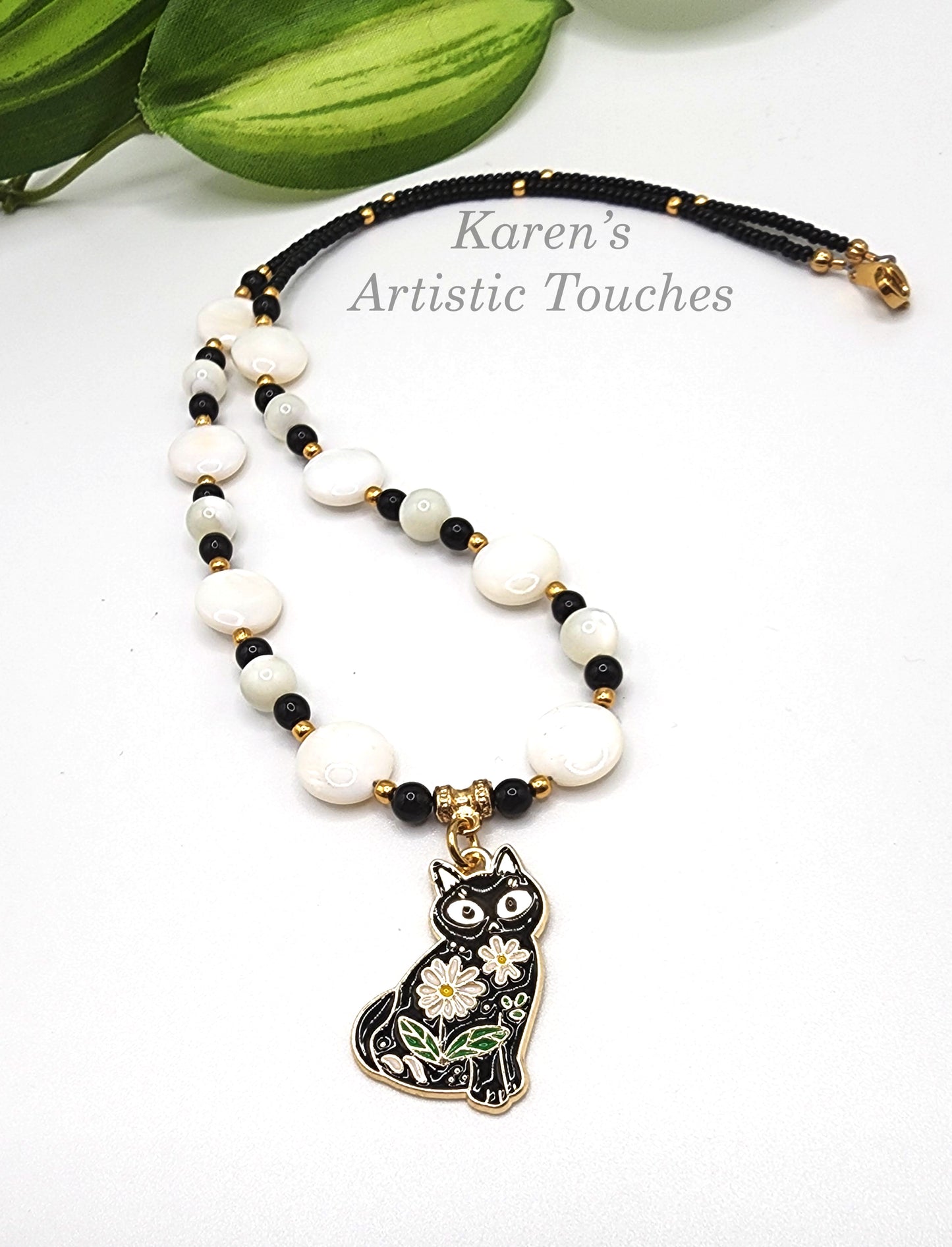 Enameled Cat Charm Necklace with Shell, Mother of Pearl, and Black Czech Glass Beads – 17.5" Long