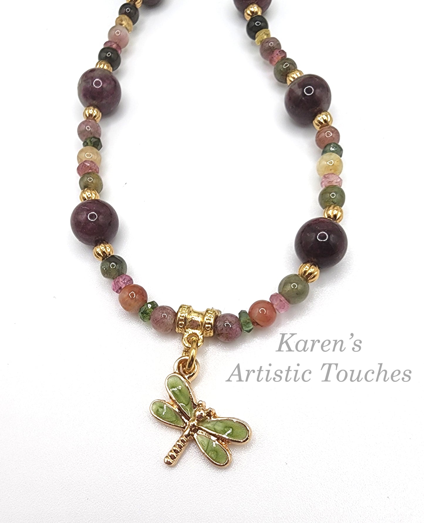 Dragonfly Charm Necklace with Pink and Mixed Tourmaline Gemstone Beads – 18" Long