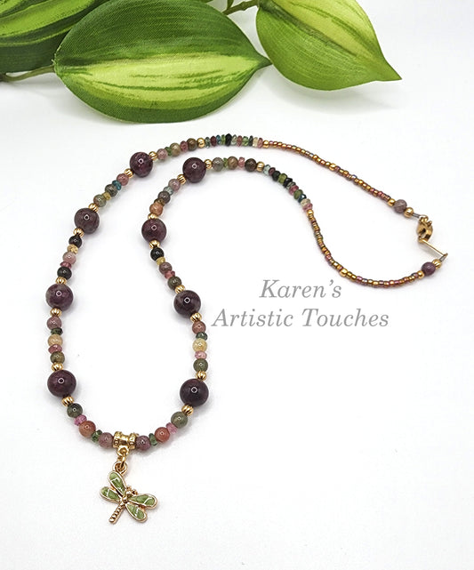 Dragonfly Charm Necklace with Pink and Mixed Tourmaline Gemstone Beads – 18" Long