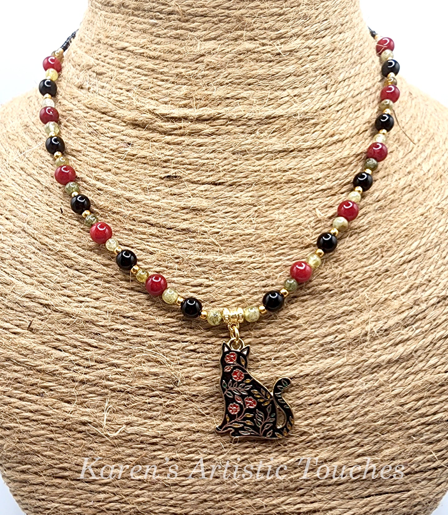 Charming Cat Charm Necklace with Ruby Jade, Peridot, and Black Czech Glass Beads – 16.5" Long