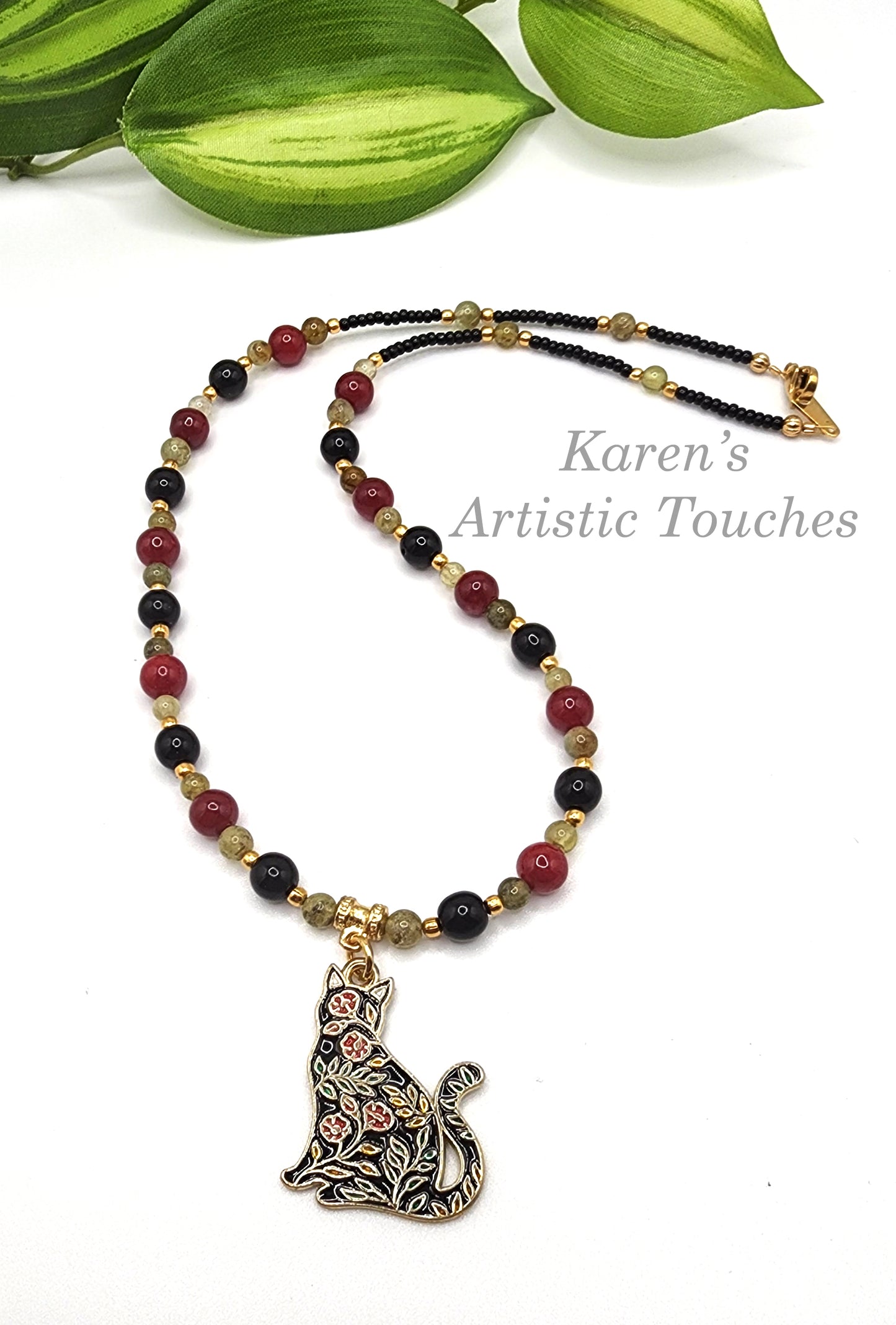 Charming Cat Charm Necklace with Ruby Jade, Peridot, and Black Czech Glass Beads – 16.5" Long