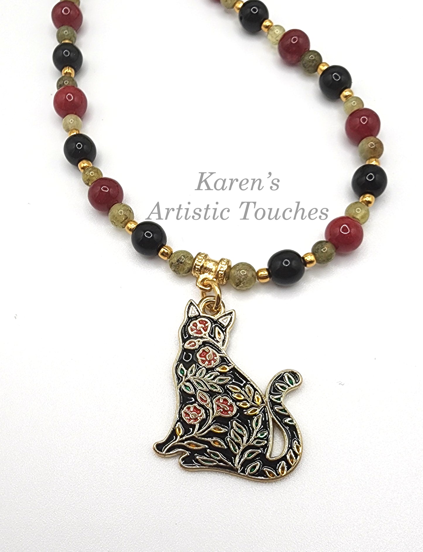 Charming Cat Charm Necklace with Ruby Jade, Peridot, and Black Czech Glass Beads – 16.5" Long