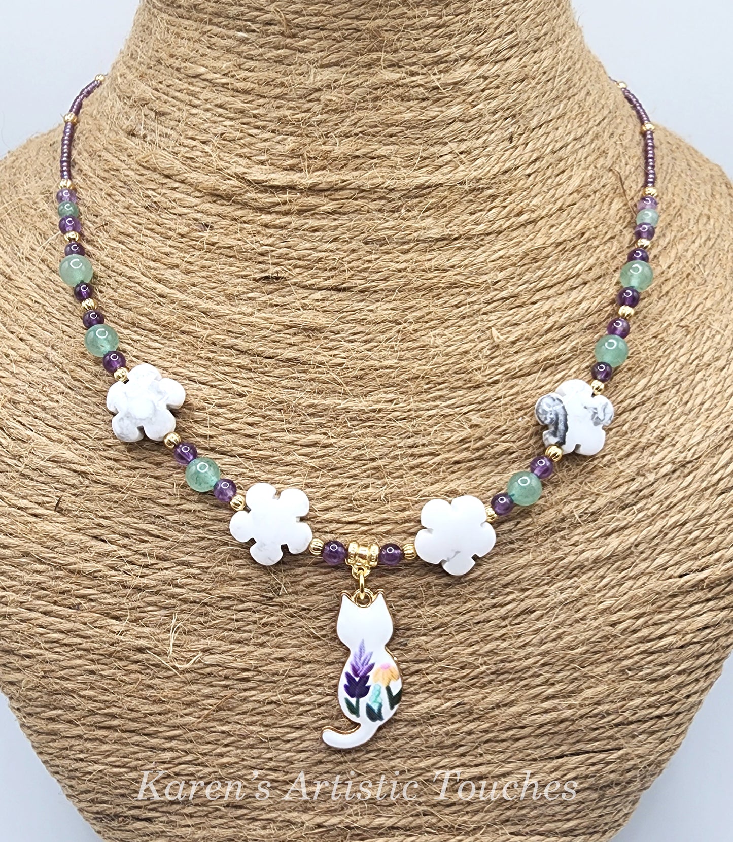 Whimsical Enameled Cat Charm Necklace with Amethyst, Green Aventurine, and Howlite Beads – 18.5" Long