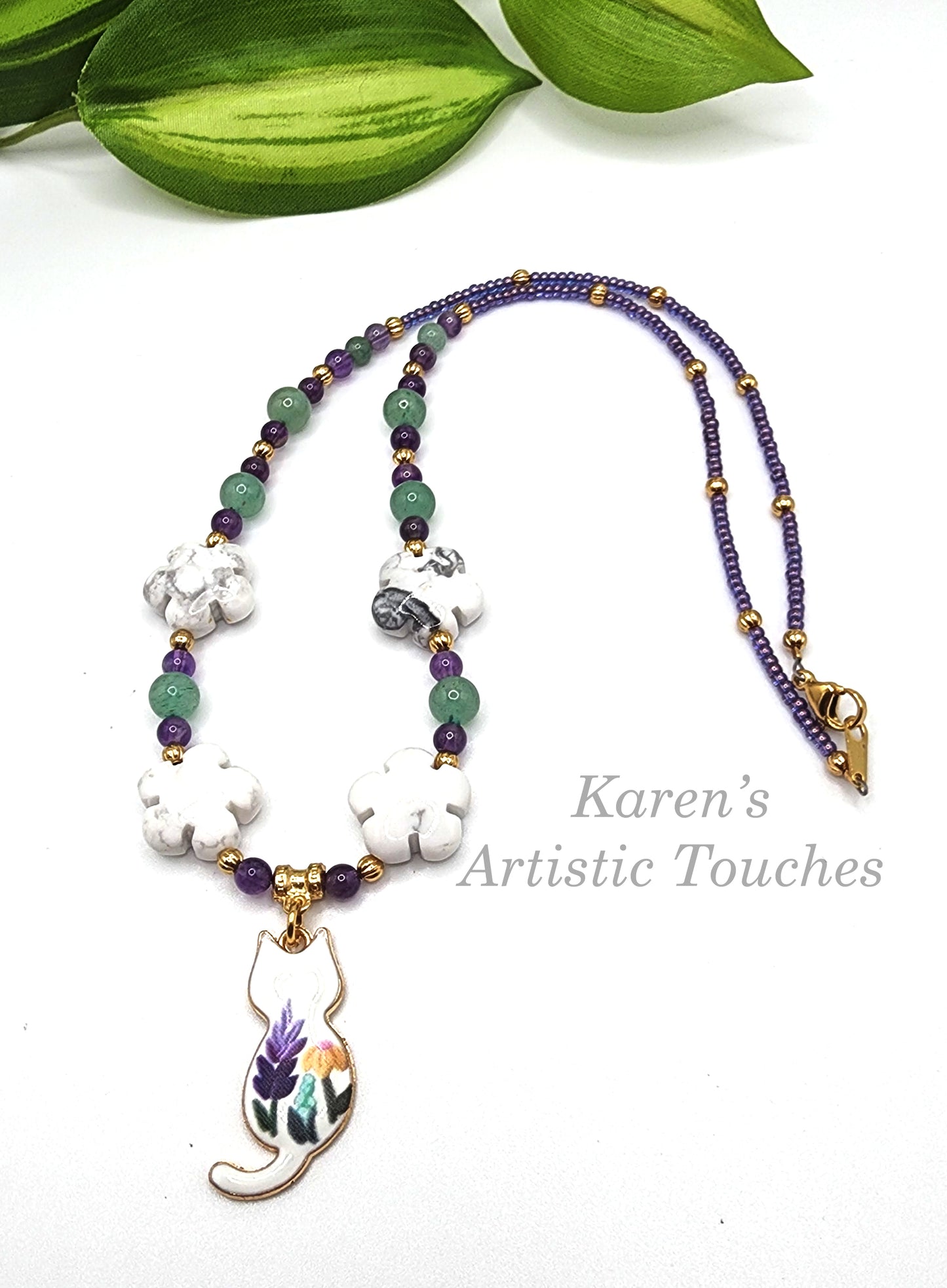 Whimsical Enameled Cat Charm Necklace with Amethyst, Green Aventurine, and Howlite Beads – 18.5" Long