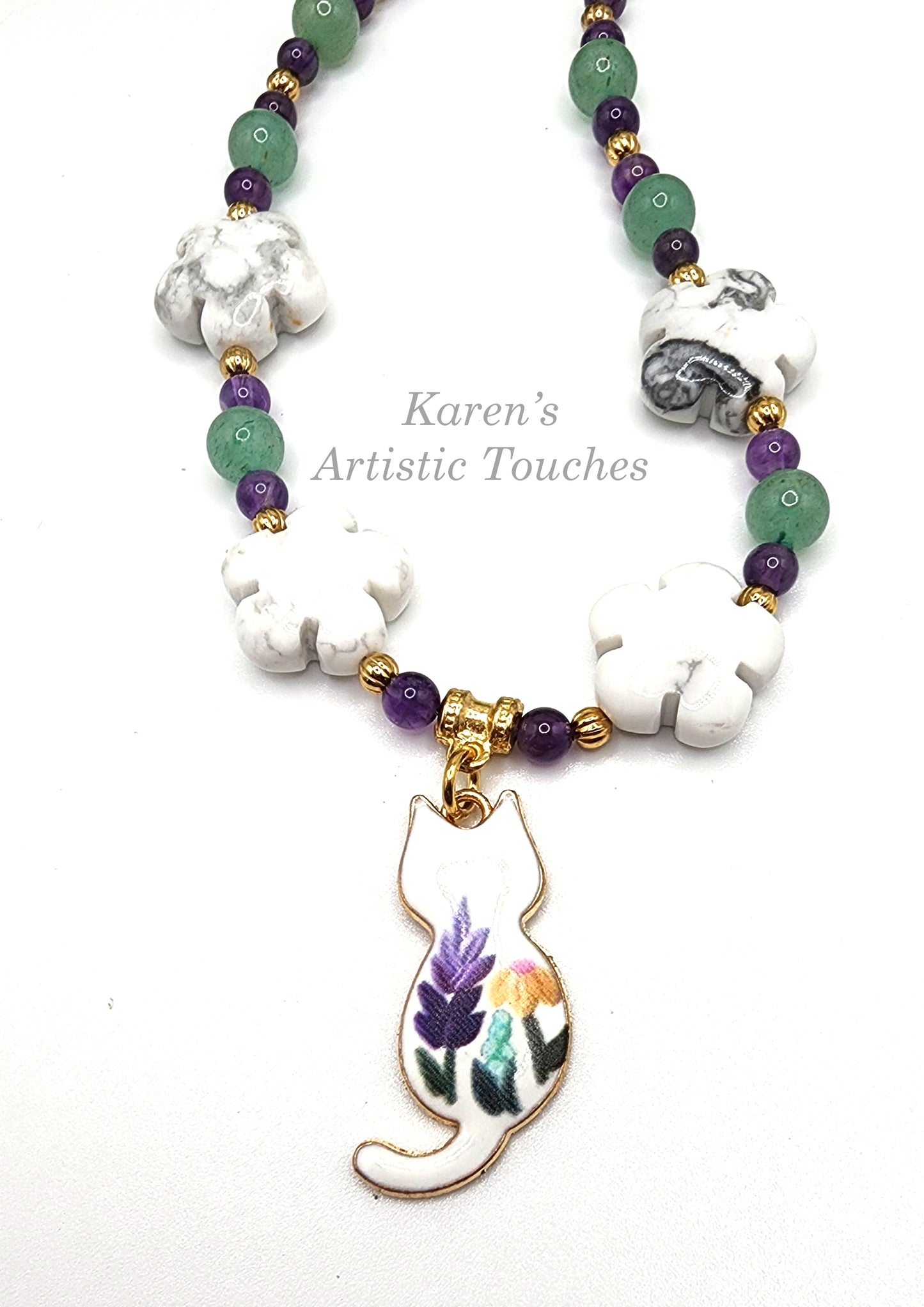 Whimsical Enameled Cat Charm Necklace with Amethyst, Green Aventurine, and Howlite Beads – 18.5" Long