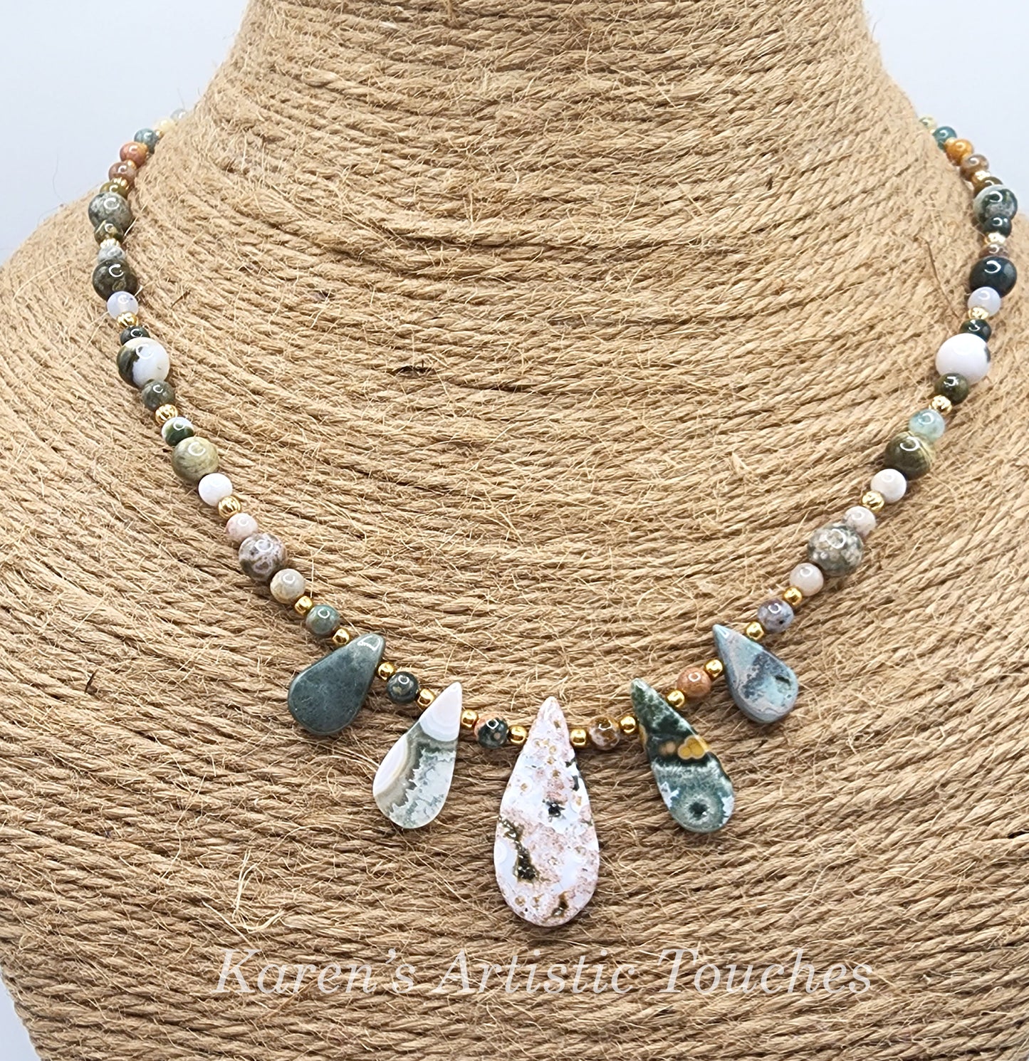 Natural Ocean Jasper Gemstone Necklace with Gold-Plated Spacer Beads and Clasps – 18.5" Long