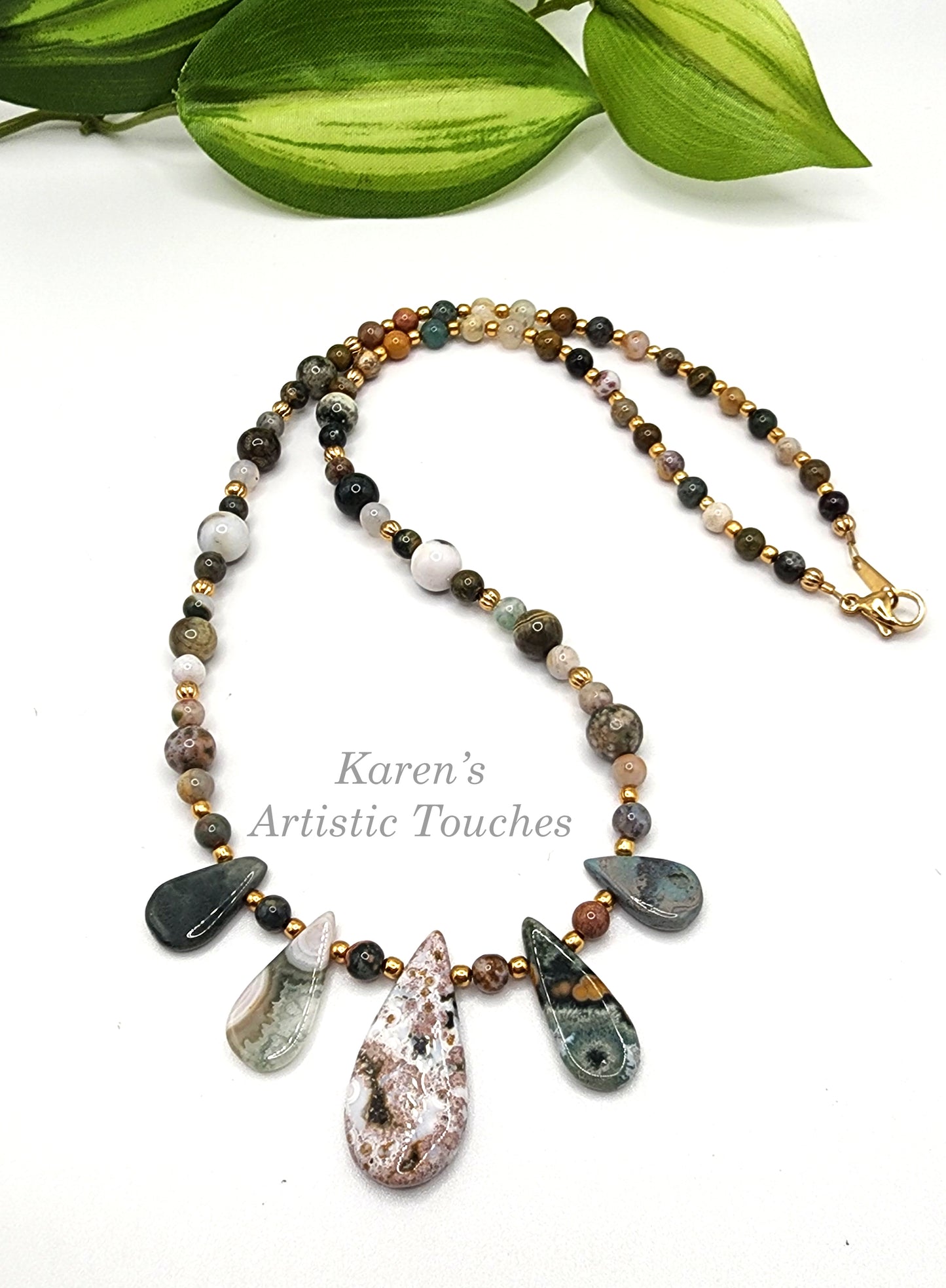 Natural Ocean Jasper Gemstone Necklace with Gold-Plated Spacer Beads and Clasps – 18.5" Long