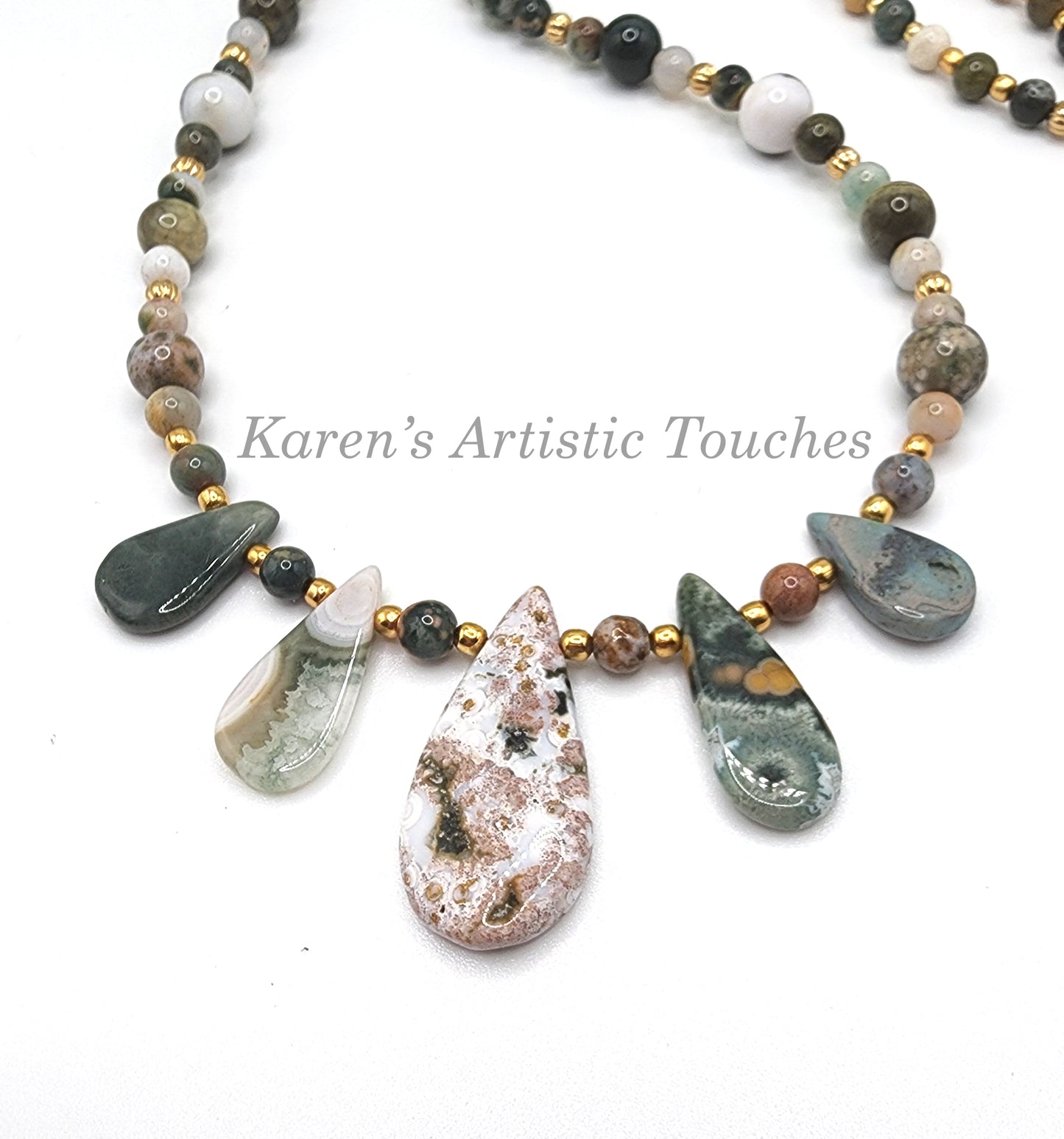 Natural Ocean Jasper Gemstone Necklace with Gold-Plated Spacer Beads and Clasps – 18.5" Long