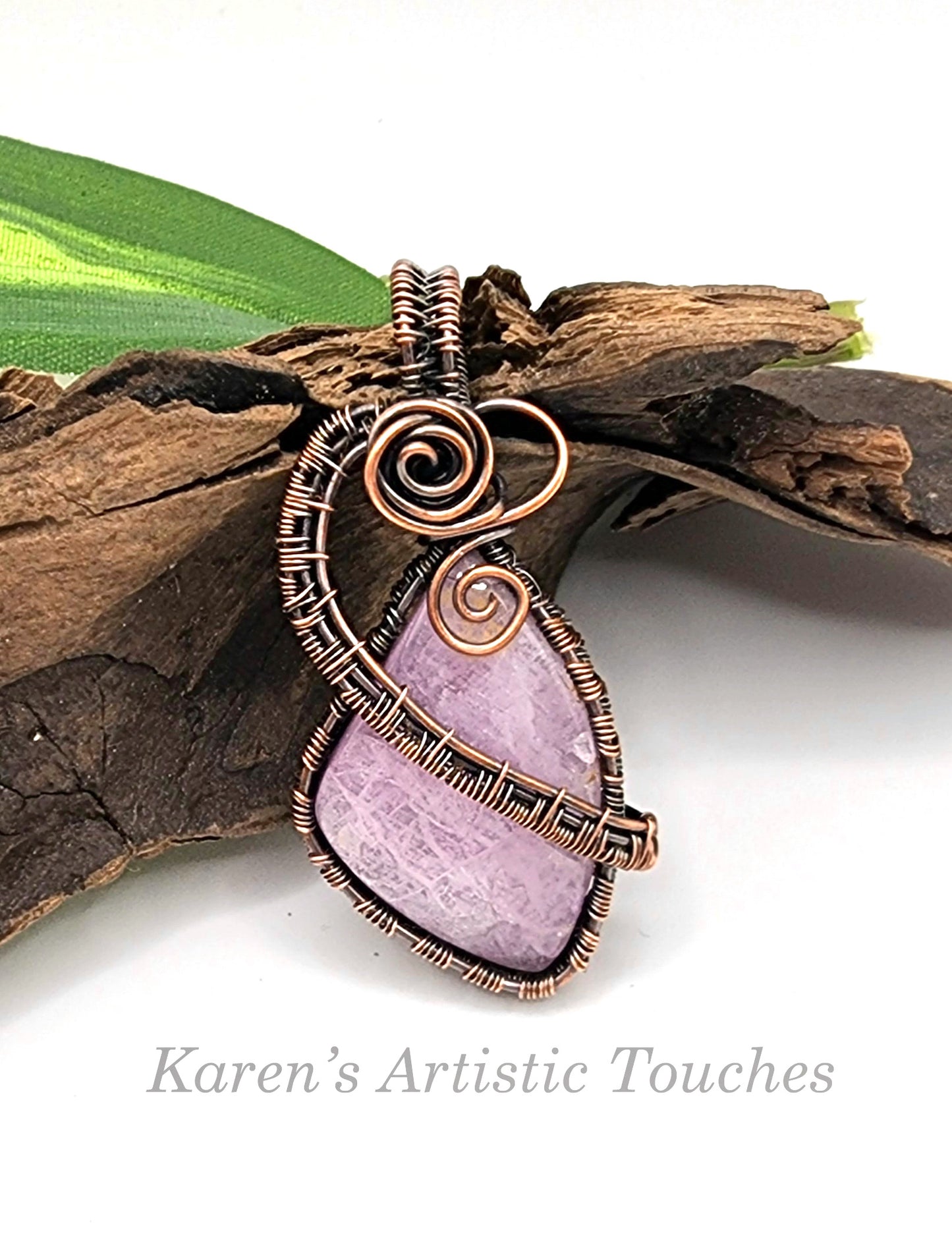 Lepidolite Gemstone Freeform Pendant Copper Wire Weaving Calming Nurturing Crown Chakra