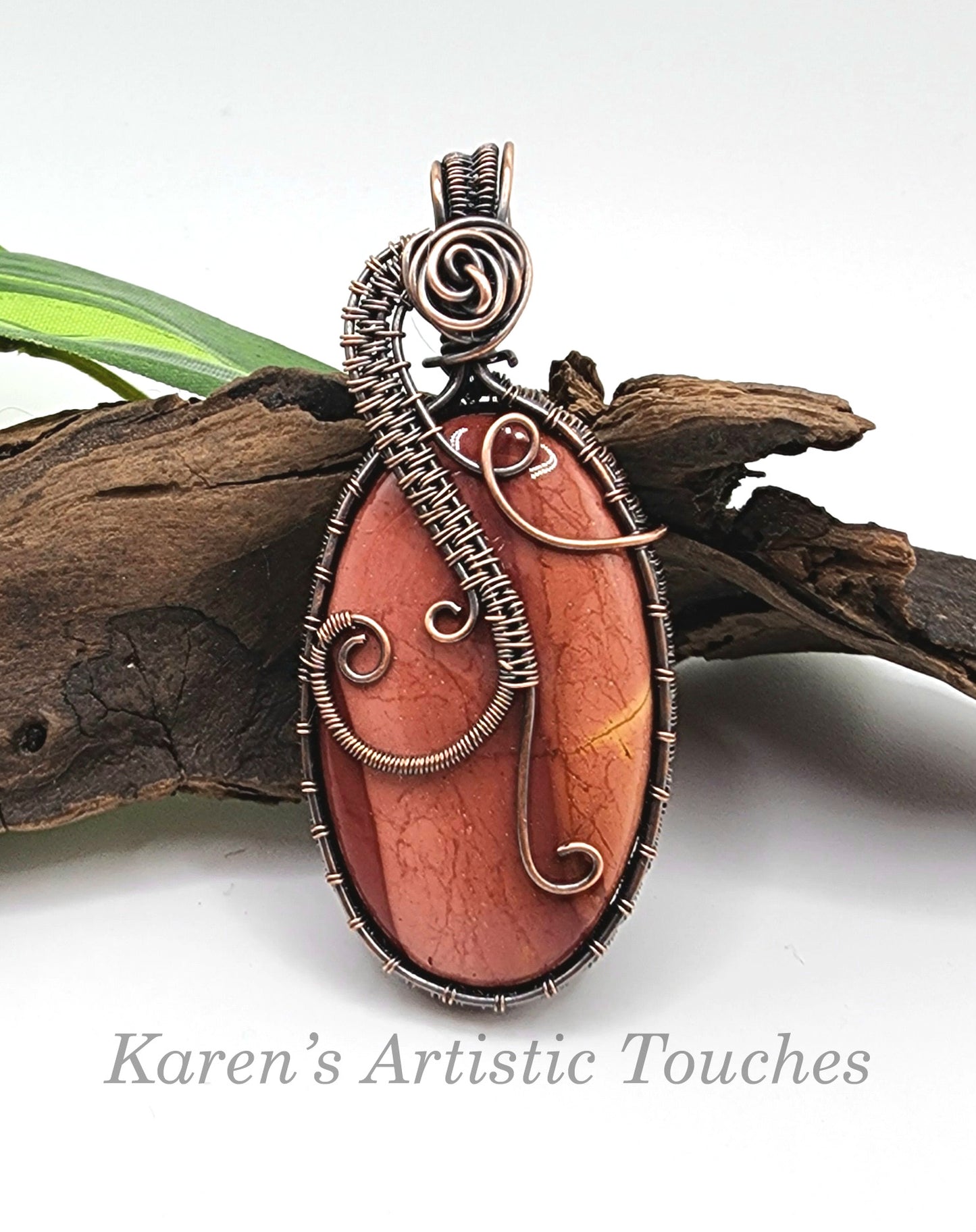 Mookaite Jasper Gemstone Pendant with Copper Wire Weaving Soothing and Stabilizing Energies