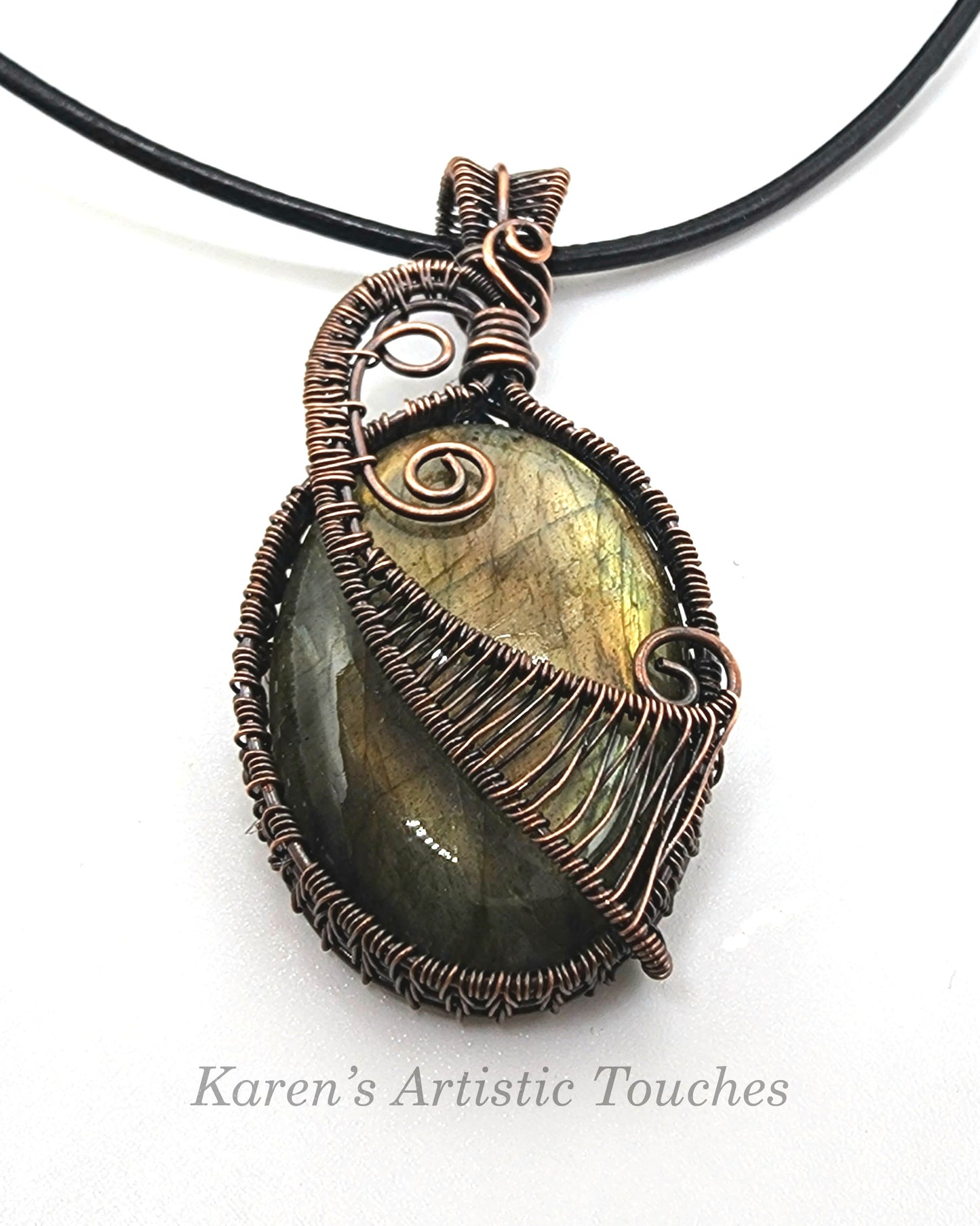 Natural Labradorite Oval Pendant Copper Wire Weaving