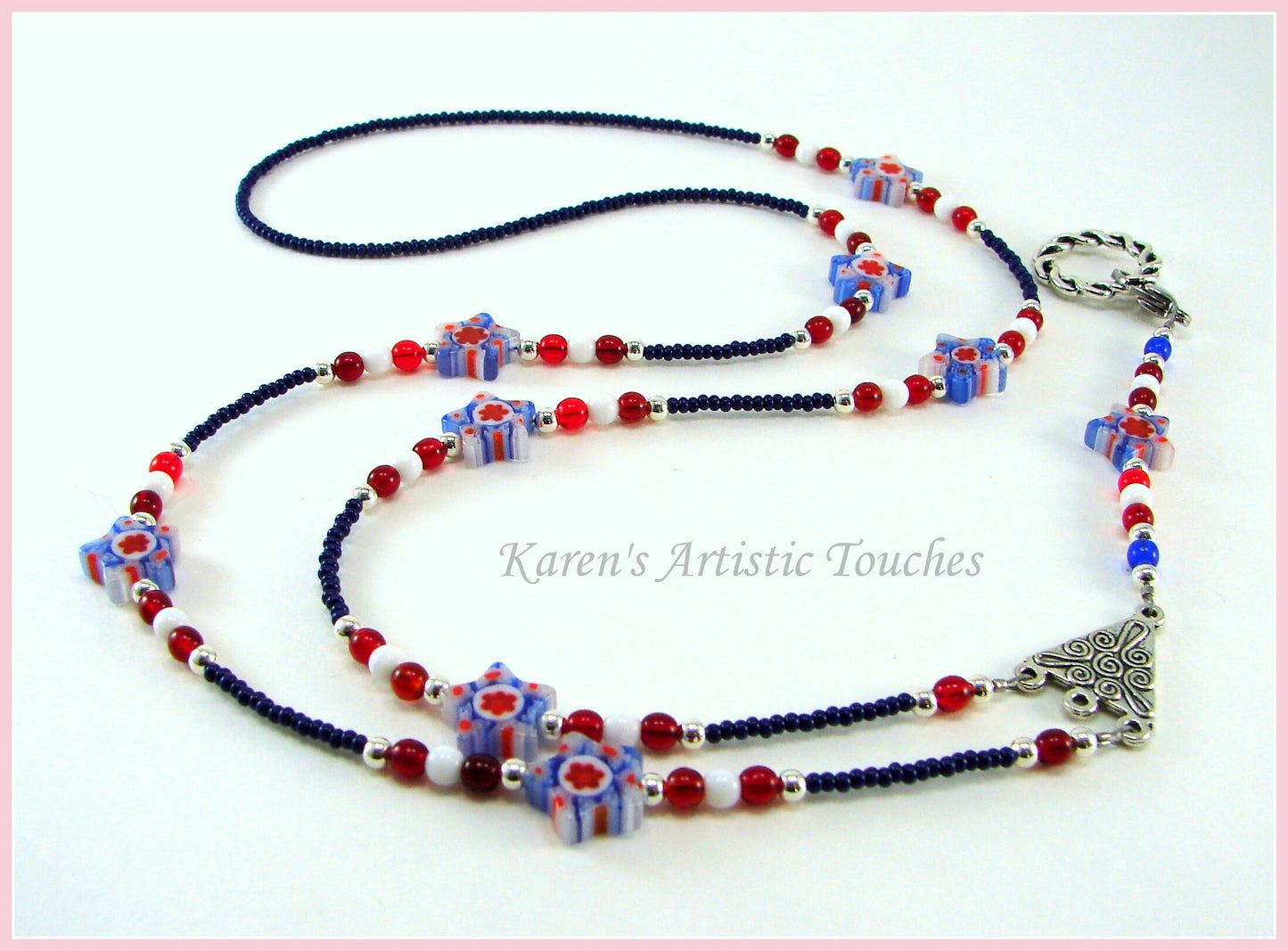 Patriotic Star Flower Lanyard – Millefiori Square Glass Beaded ID Holder for Teachers, Doctors, or Nurses