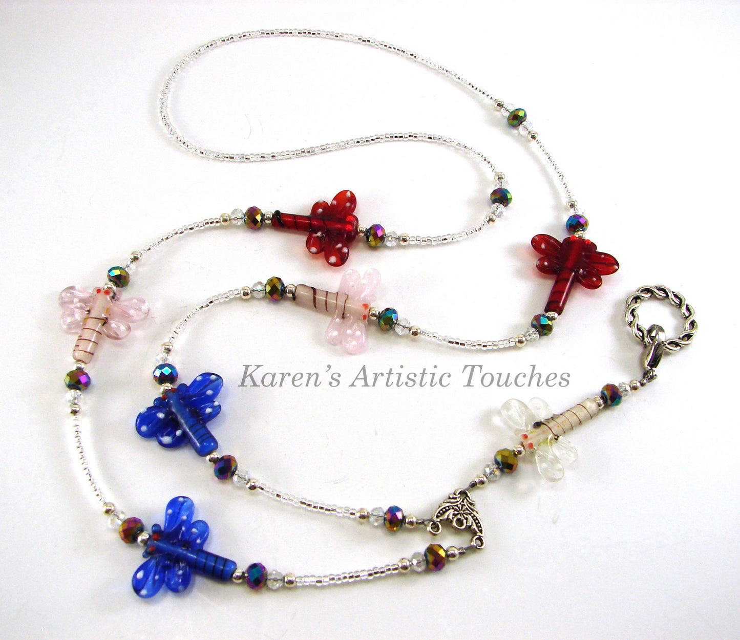 Dragonfly Sparkle Glass Beaded Lanyard in Red, Blue, and Pink – ID Badge Holder