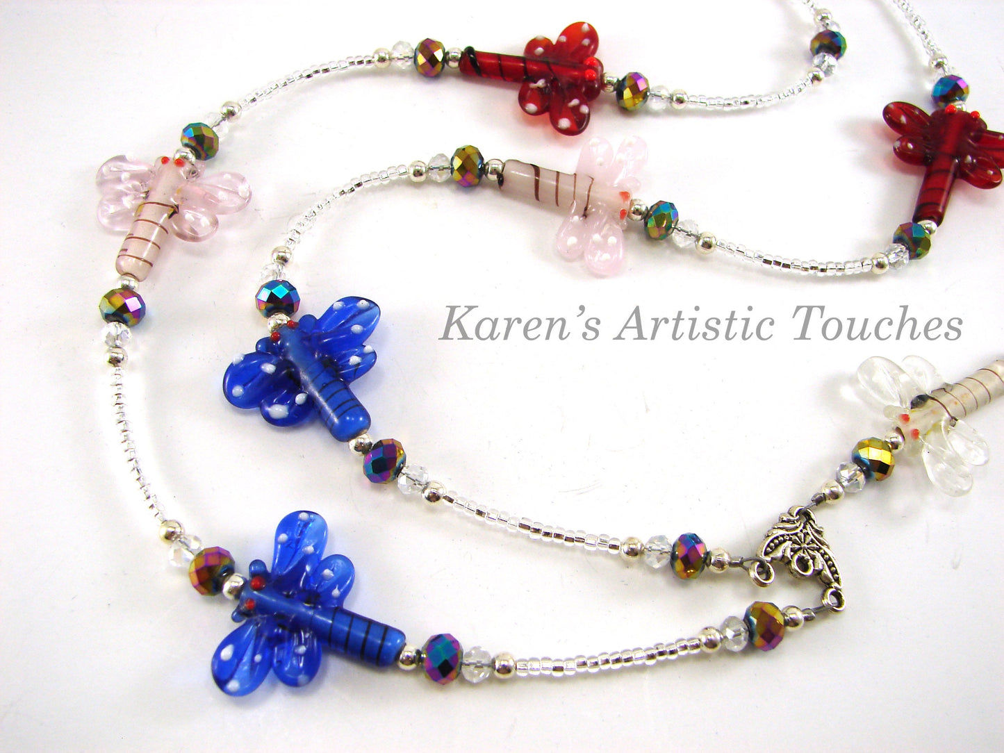 Dragonfly Sparkle Glass Beaded Lanyard in Red, Blue, and Pink – ID Badge Holder