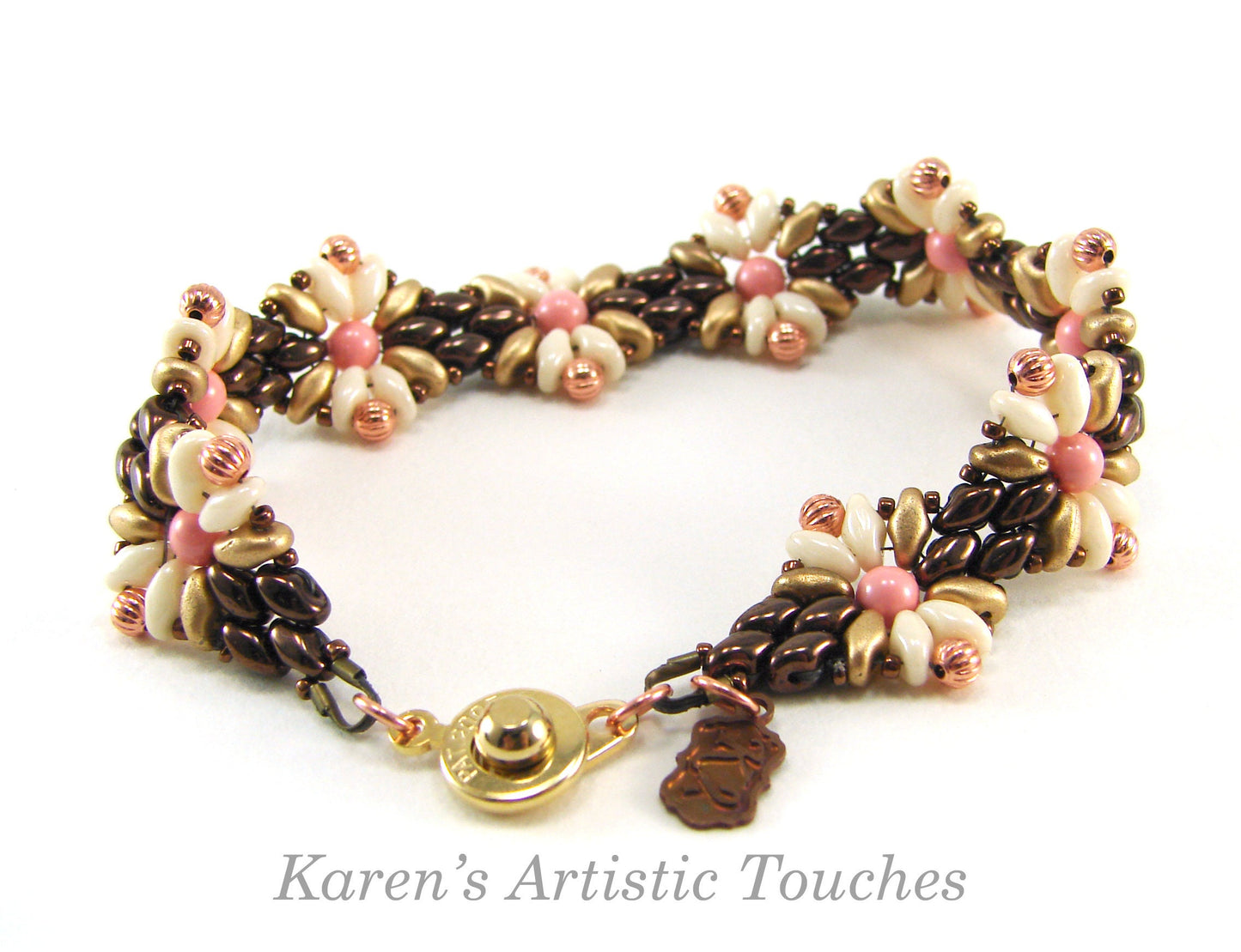 Geometric Beaded Weaving Bracelet in Bronze and Coral, Women's Jewelry, Perfect Gift for Her