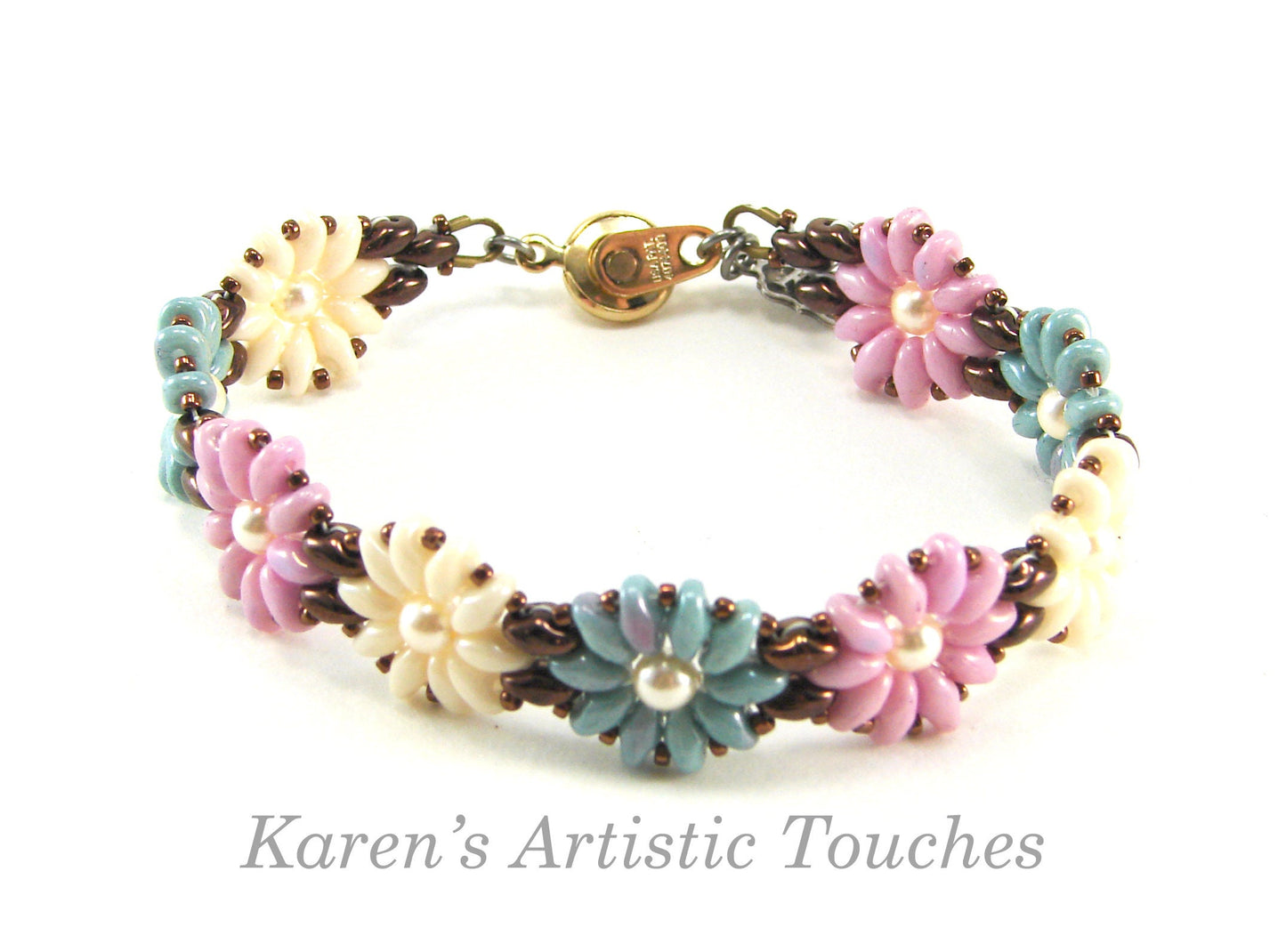 Daisy Chain Handcrafted Beaded Bracelet in Pink, Blue, Beige Colors - Flower Jewelry, Perfect Gift for any Occasion