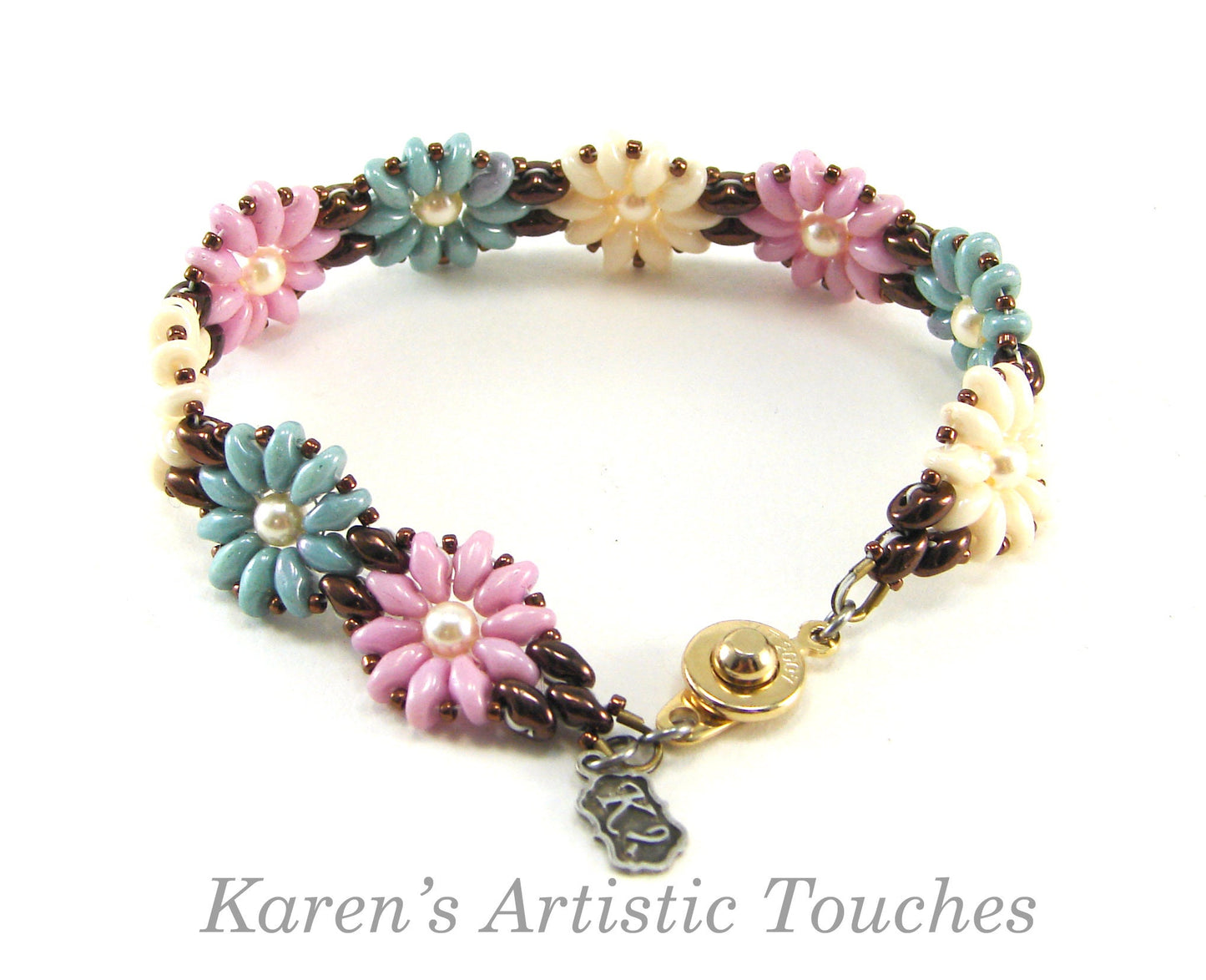 Daisy Chain Handcrafted Beaded Bracelet in Pink, Blue, Beige Colors - Flower Jewelry, Perfect Gift for any Occasion