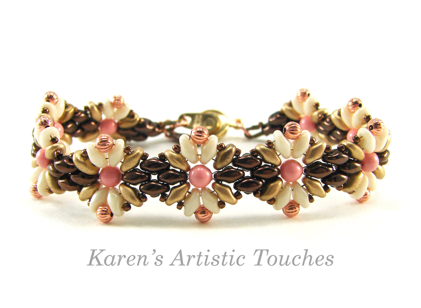 Geometric Beaded Weaving Bracelet in Bronze and Coral, Women's Jewelry, Perfect Gift for Her