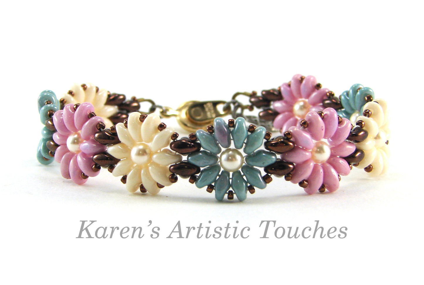 Daisy Chain Handcrafted Beaded Bracelet in Pink, Blue, Beige Colors - Flower Jewelry, Perfect Gift for any Occasion