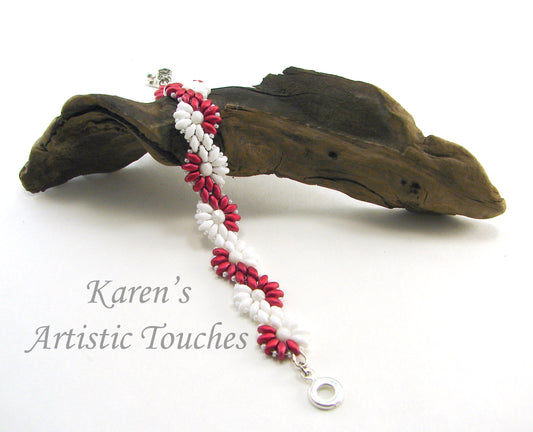 Red and White Candy Cane Yin Yang Beaded Bracelet - Holiday Statement Jewelry Gift for Women