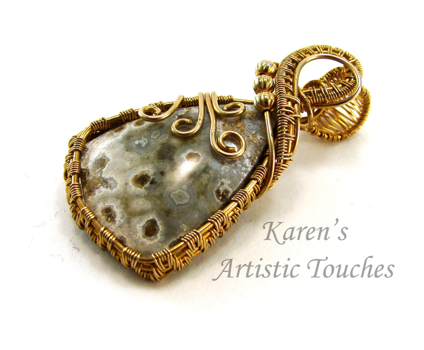 Stunning Ocean Jasper Bronze Wire Weaving Pendant | Statement Jewelry | Gemstone Necklace | Water Energy