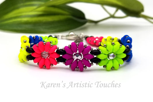 Daisy Chain Beaded Weaving Bracelet, Neon Colors Flower Bracelet, Multicolor Jewelry, Teen Gift