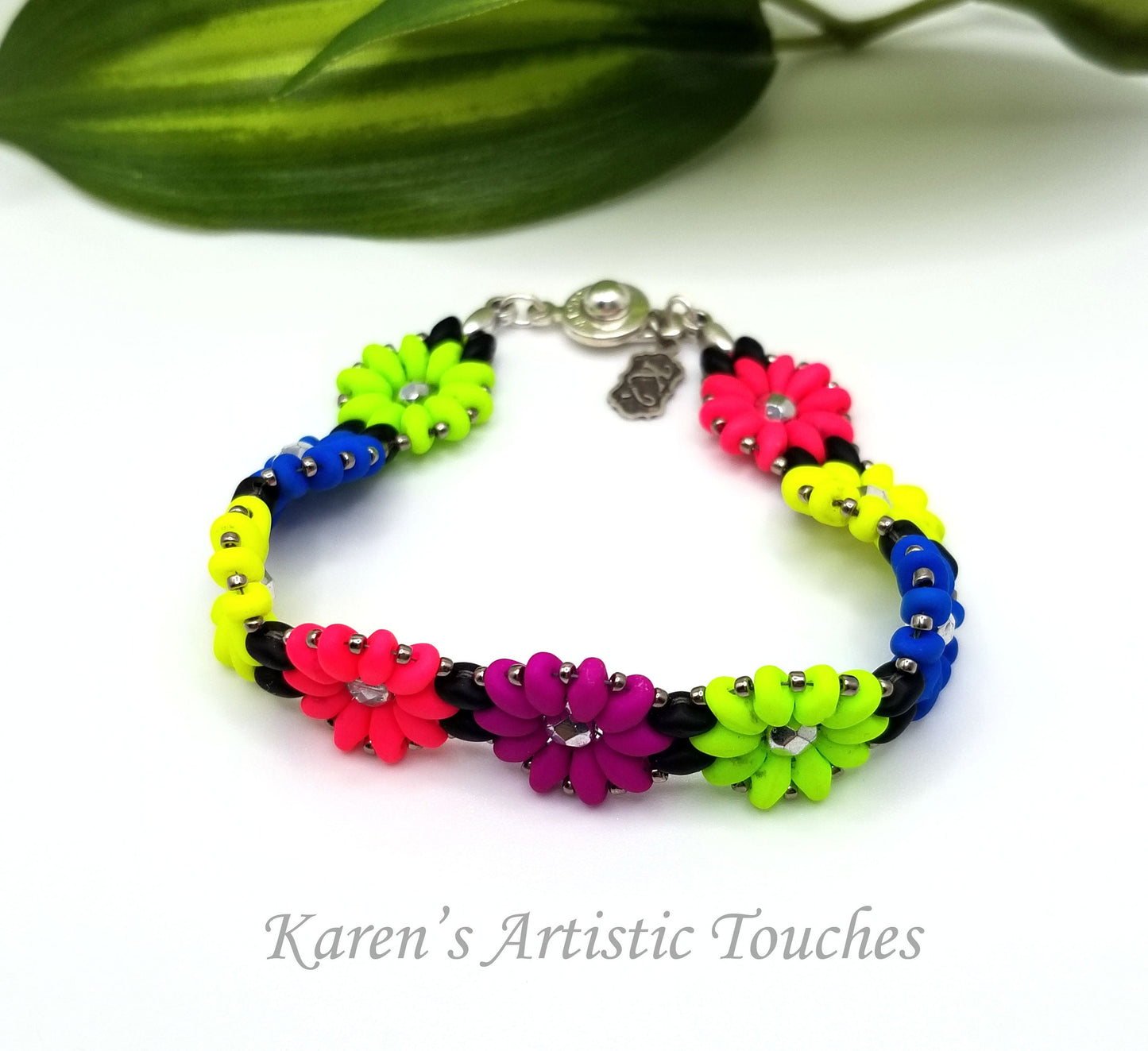 Daisy Chain Beaded Weaving Bracelet, Neon Colors Flower Bracelet, Multicolor Jewelry, Teen Gift