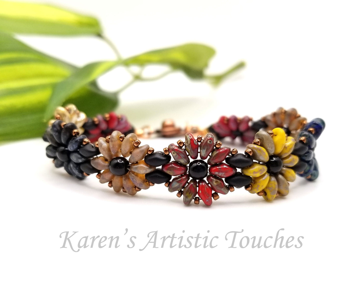 Daisy Chain Beaded Weaving Standard Bracelet or Medical Alert, Multiple Rustic Colors Flower Bracelet, Multicolor Jewelry, Birthday Gift