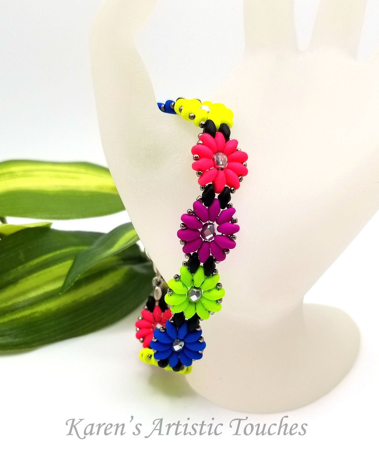 Daisy Chain Beaded Weaving Bracelet, Neon Colors Flower Bracelet, Multicolor Jewelry, Teen Gift