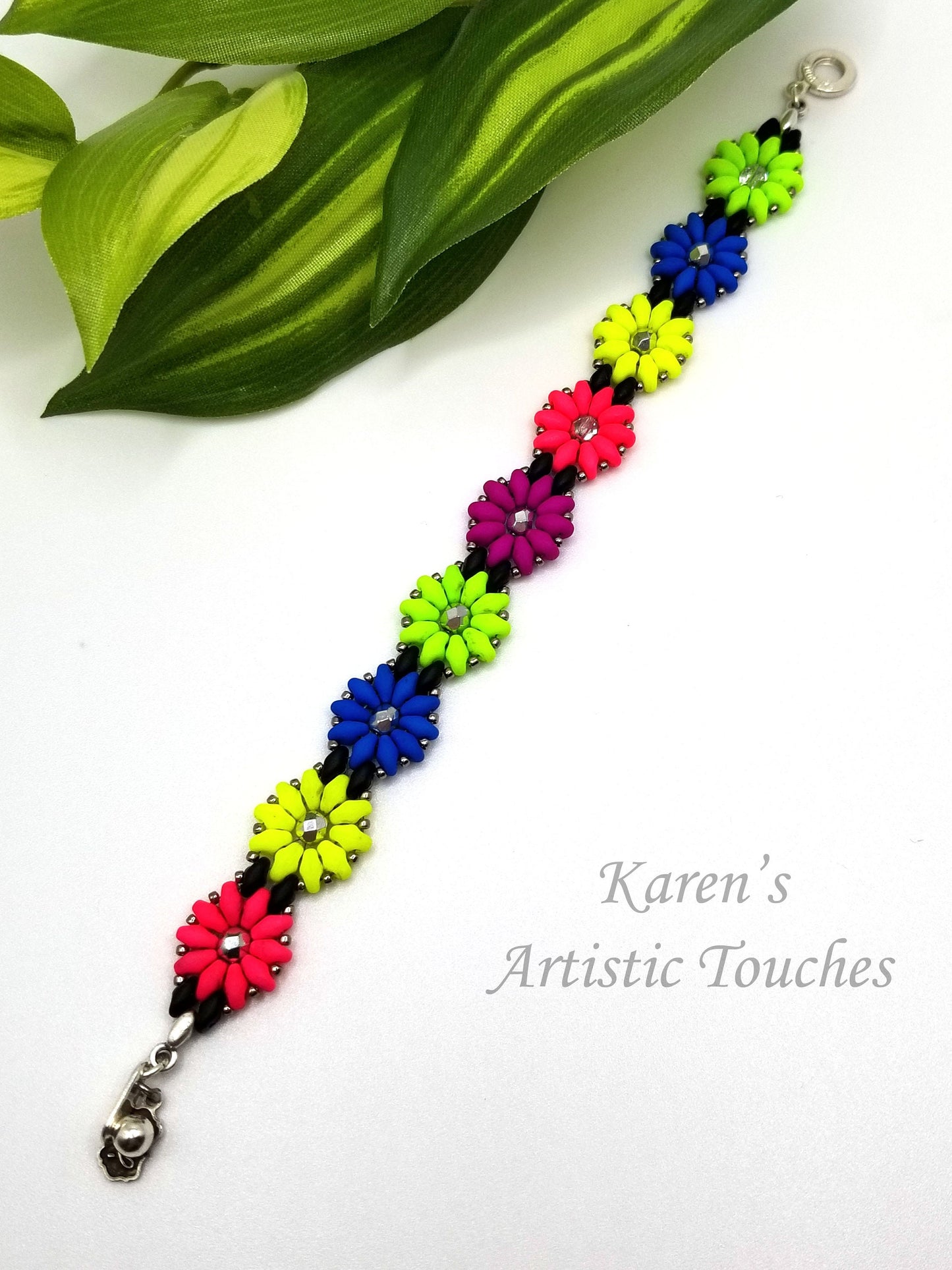 Daisy Chain Beaded Weaving Bracelet, Neon Colors Flower Bracelet, Multicolor Jewelry, Teen Gift