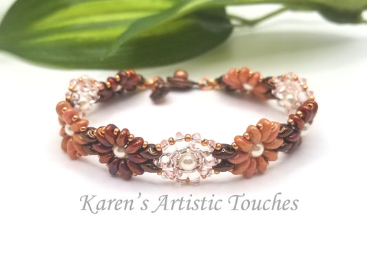 Daisy Chain Handcrafted Beaded Bracelet in Coral, Brown, and Peach - Multicolor Flower Jewelry, Perfect Anniversary Gift