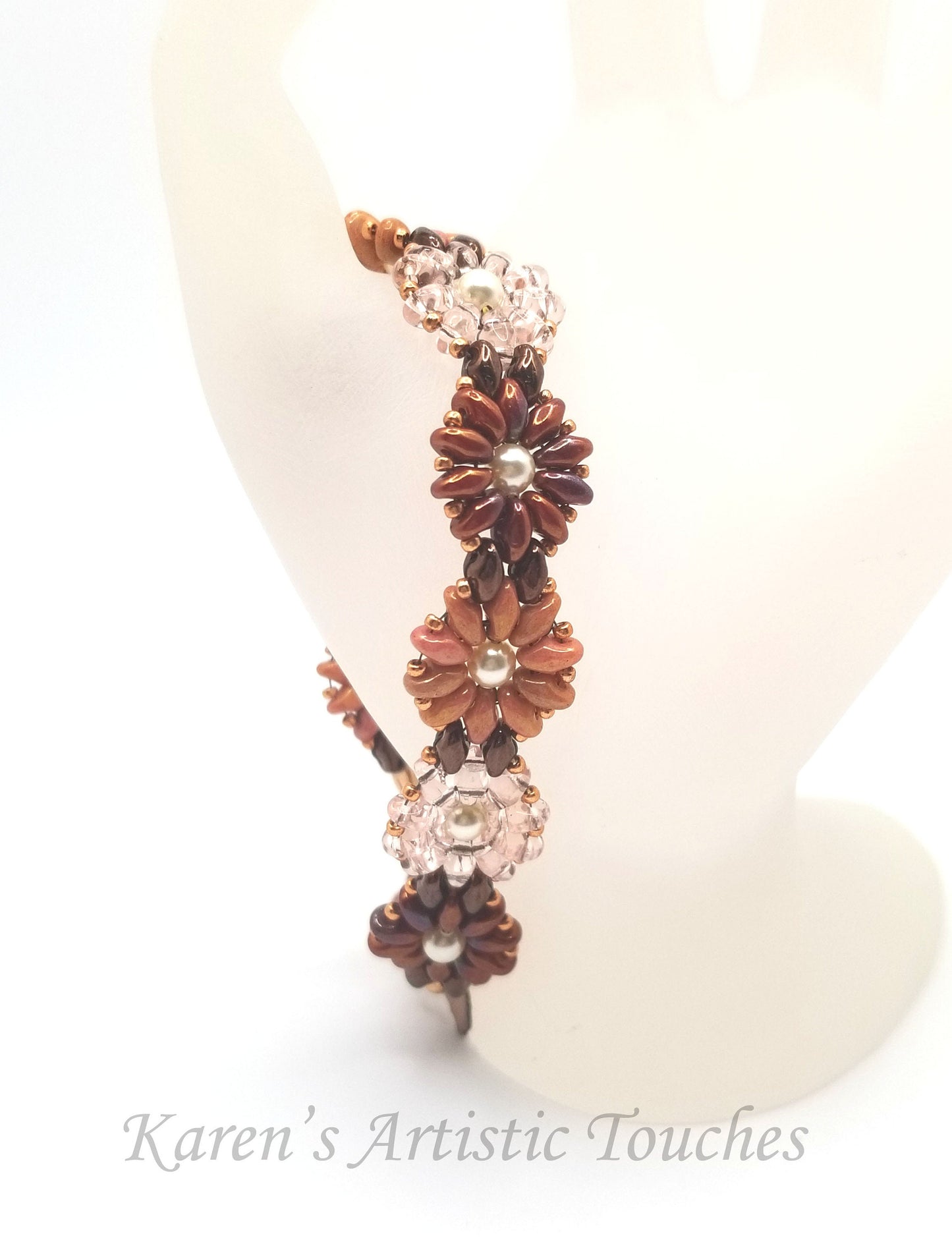 Daisy Chain Handcrafted Beaded Bracelet in Coral, Brown, and Peach - Multicolor Flower Jewelry, Perfect Anniversary Gift