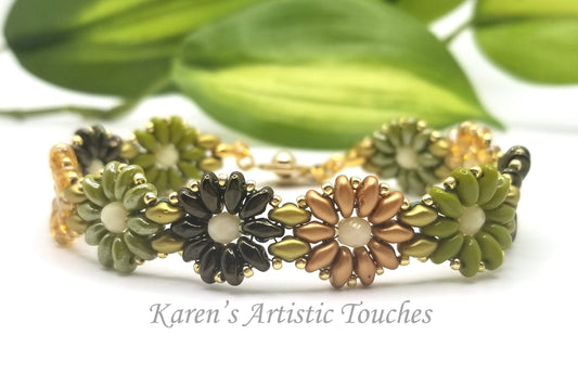 Daisy Chain Beaded Weaving Bracelet, Olive Green, Gold, Dark Green Colors Flower Bracelet, Multicolor Jewelry, Anniversary Gift