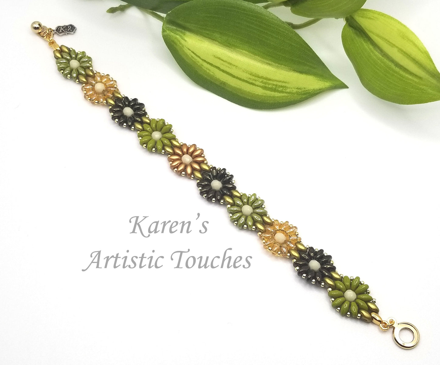 Daisy Chain Beaded Weaving Bracelet, Olive Green, Gold, Dark Green Colors Flower Bracelet, Multicolor Jewelry, Anniversary Gift