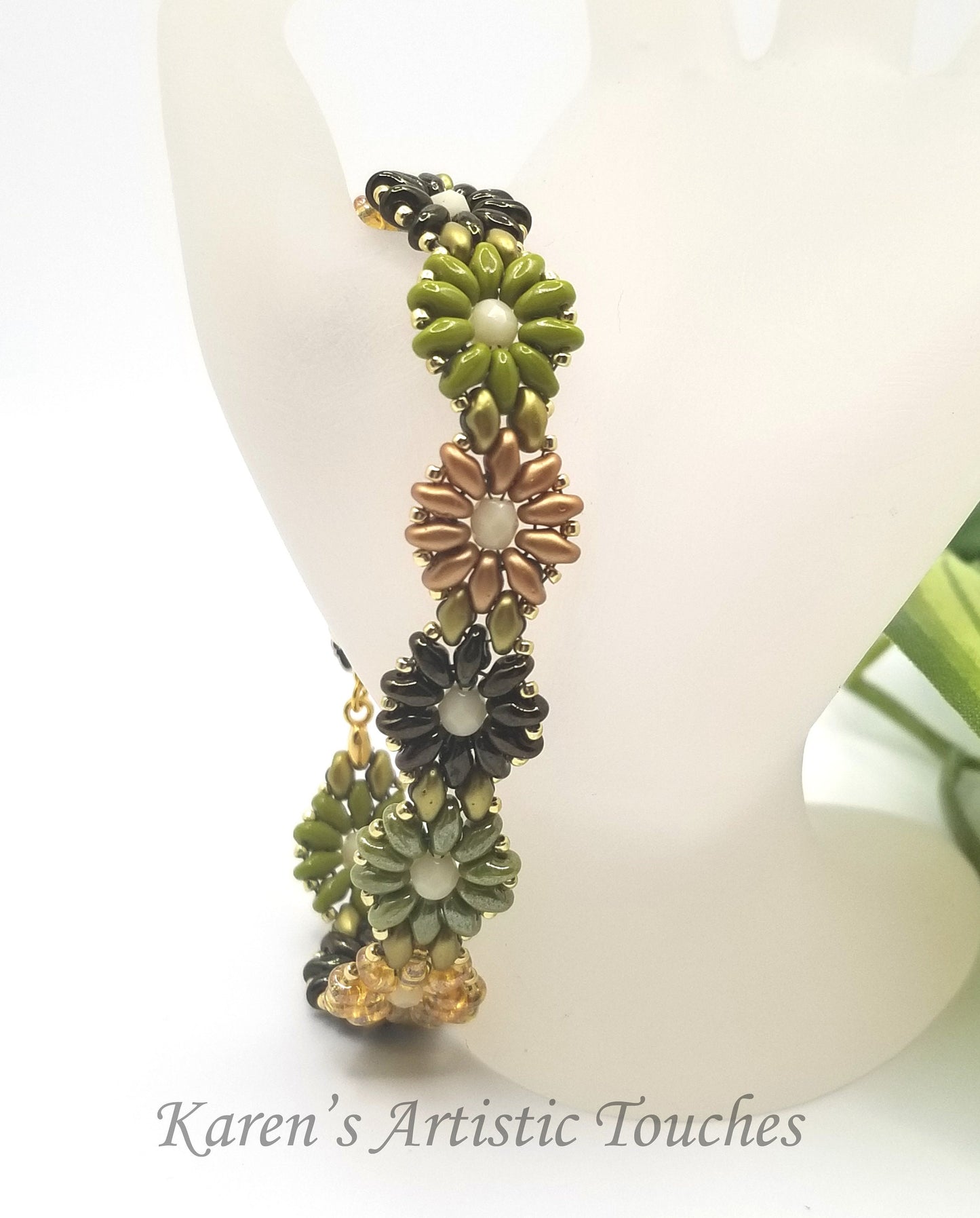 Daisy Chain Beaded Weaving Bracelet, Olive Green, Gold, Dark Green Colors Flower Bracelet, Multicolor Jewelry, Anniversary Gift