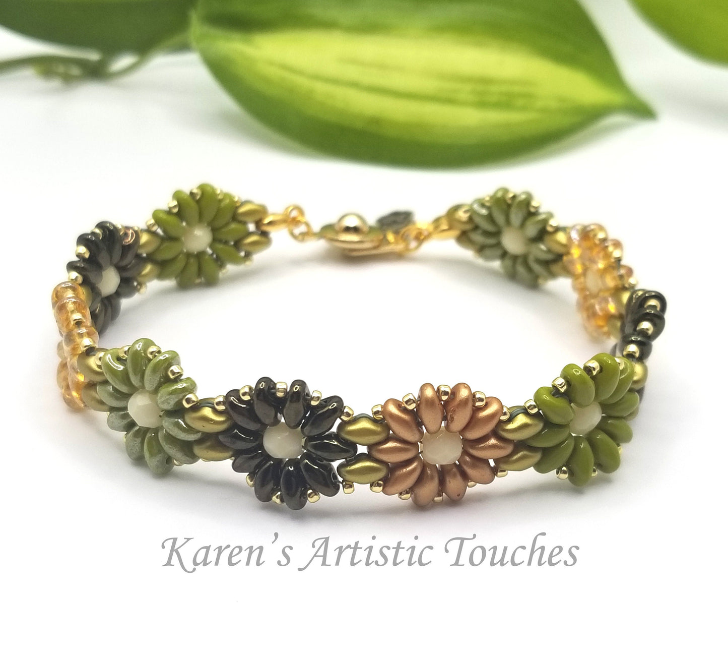 Daisy Chain Beaded Weaving Bracelet, Olive Green, Gold, Dark Green Colors Flower Bracelet, Multicolor Jewelry, Anniversary Gift