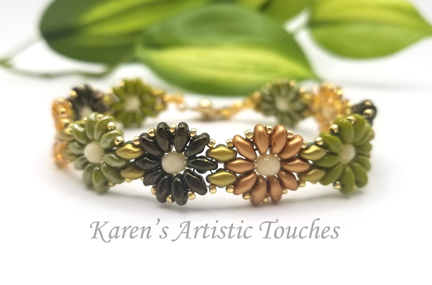 Daisy Chain Beaded Weaving Bracelet, Olive Green, Gold, Dark Green Colors Flower Bracelet, Multicolor Jewelry, Anniversary Gift