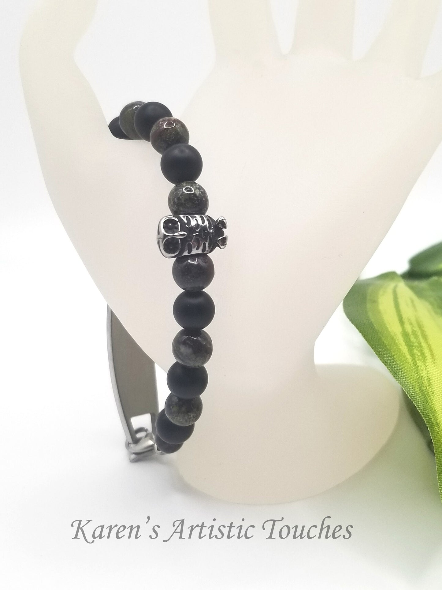 Masculine Bloodstone & Onyx Gemstone Medical ID Alert Bracelet: Unisex Allergy Bracelet with Skull, Owl, Bulldog, Heart, and Cross Charms