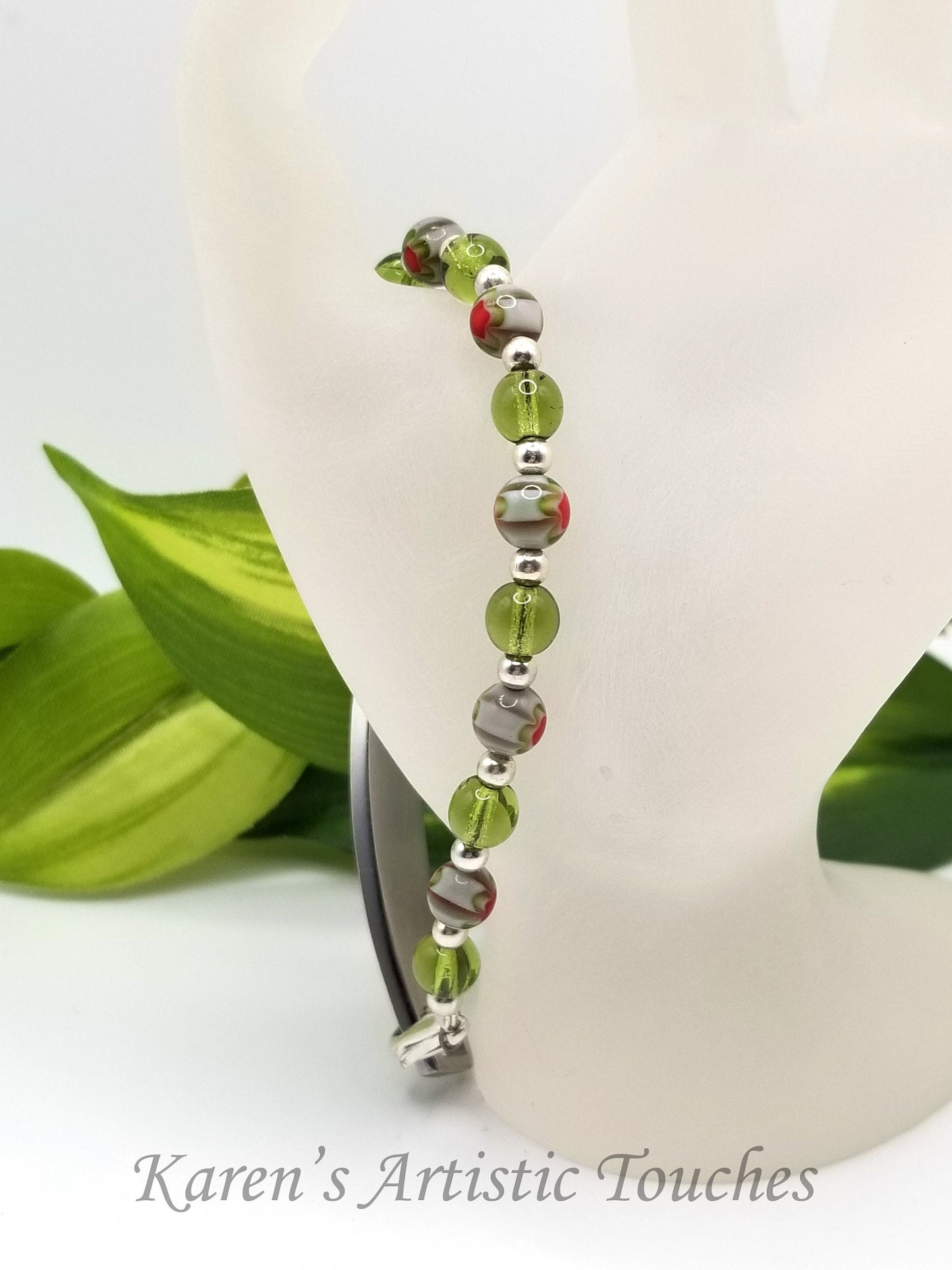 Green and Red Millefiori Glass Beaded Medical Alert Bracelet: Fashionable Medical ID Jewelry for Him or Her