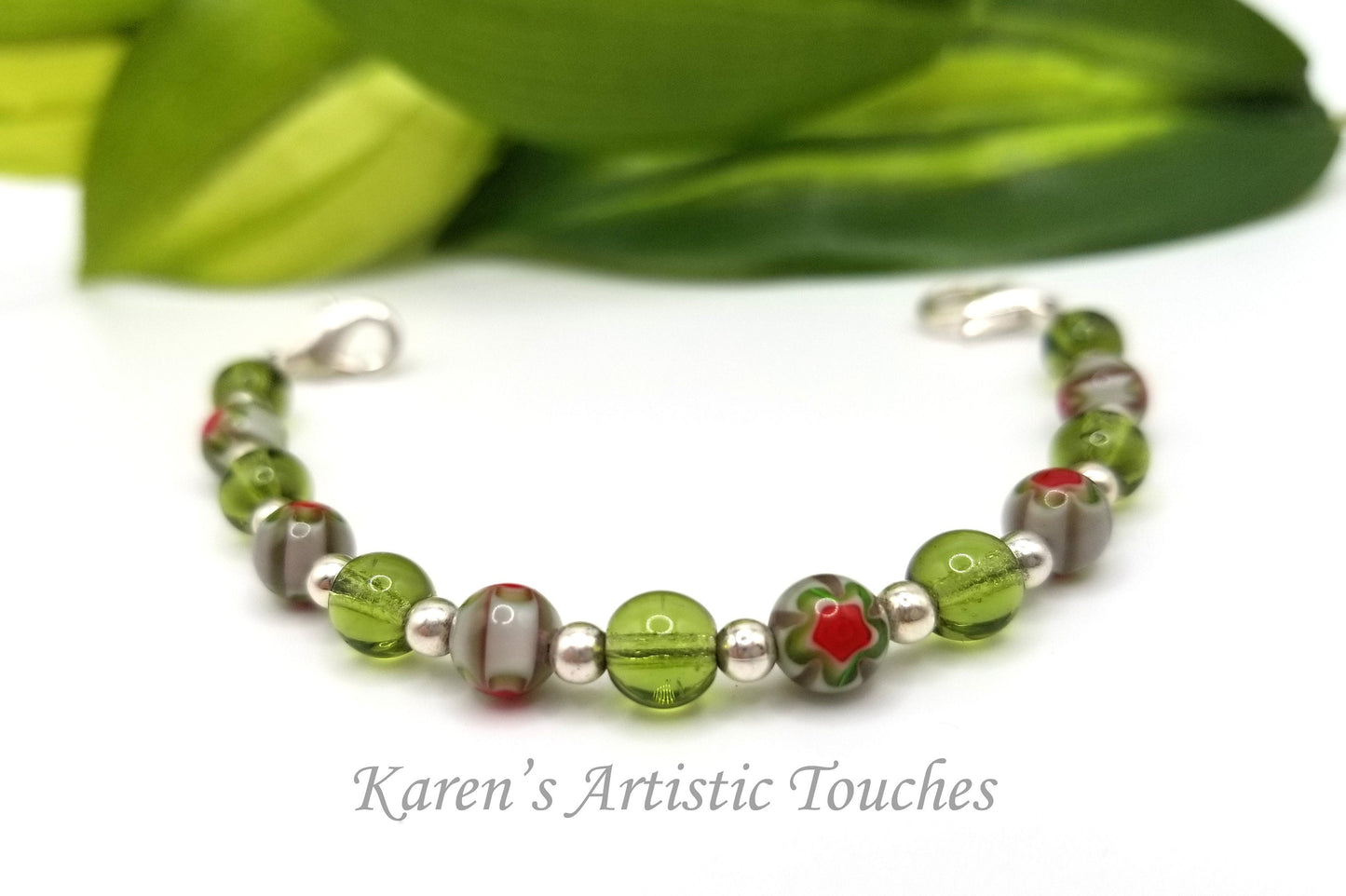 Green and Red Millefiori Glass Beaded Medical Alert Bracelet: Fashionable Medical ID Jewelry for Him or Her