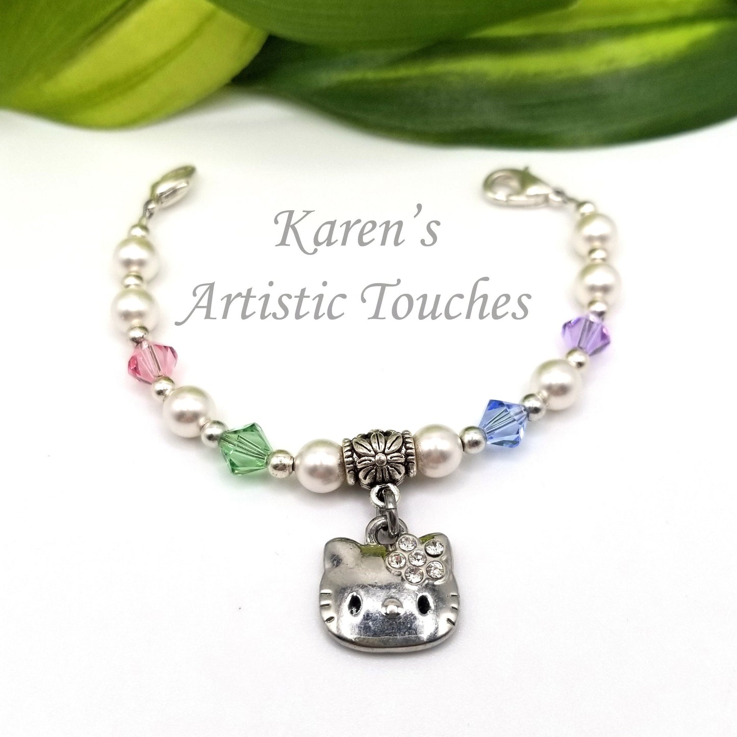 Kitty Cat Charm with Swarovski Pastel Pearl Medical ID Replacement Bracelet: Fashionable Cat-Themed Medical Alert Jewelry