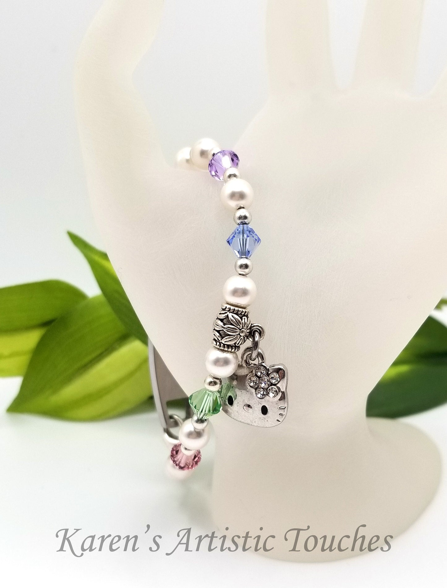 Kitty Cat Charm with Swarovski Pastel Pearl Medical ID Replacement Bracelet: Fashionable Cat-Themed Medical Alert Jewelry