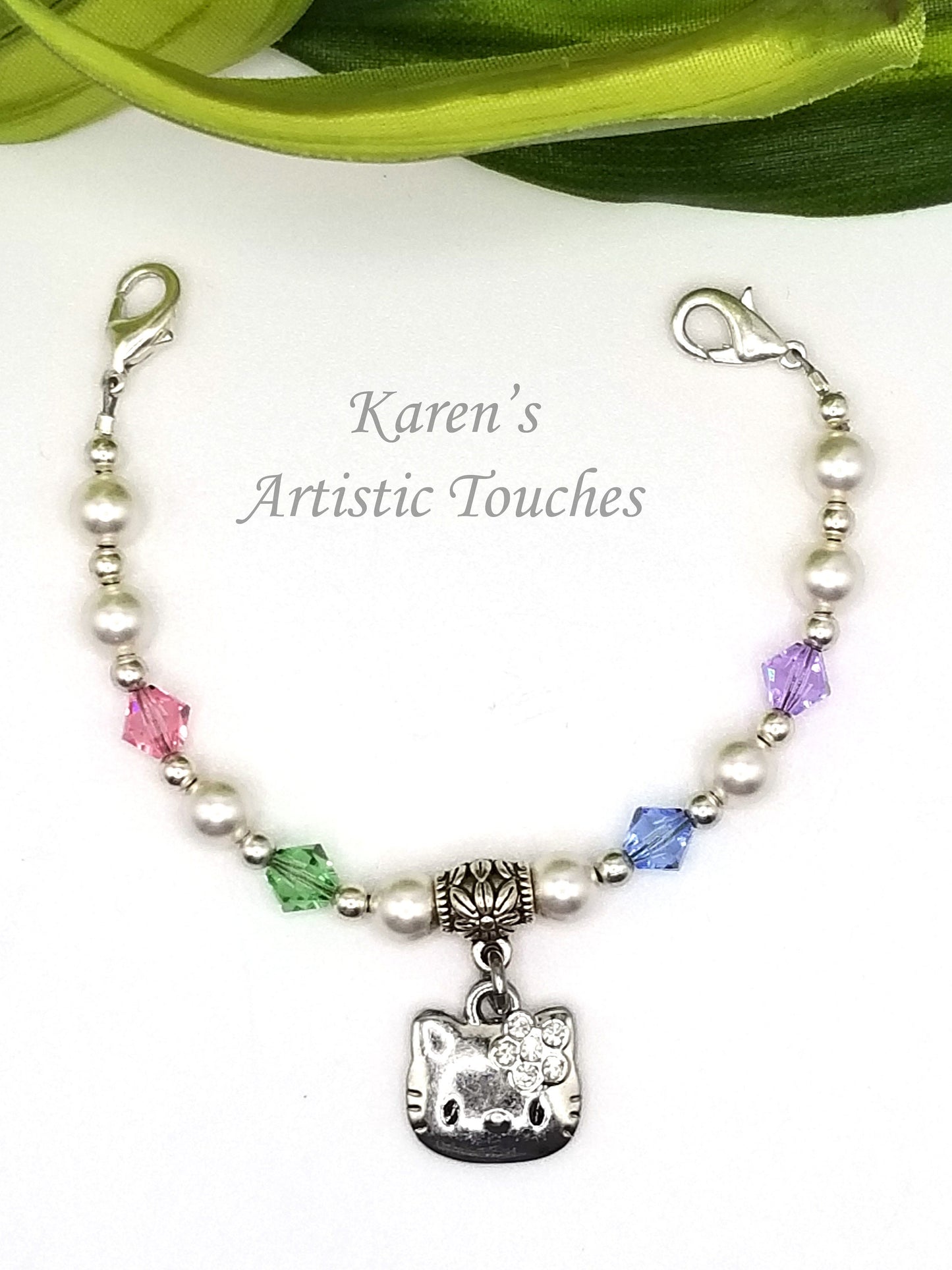 Kitty Cat Charm with Swarovski Pastel Pearl Medical ID Replacement Bracelet: Fashionable Cat-Themed Medical Alert Jewelry