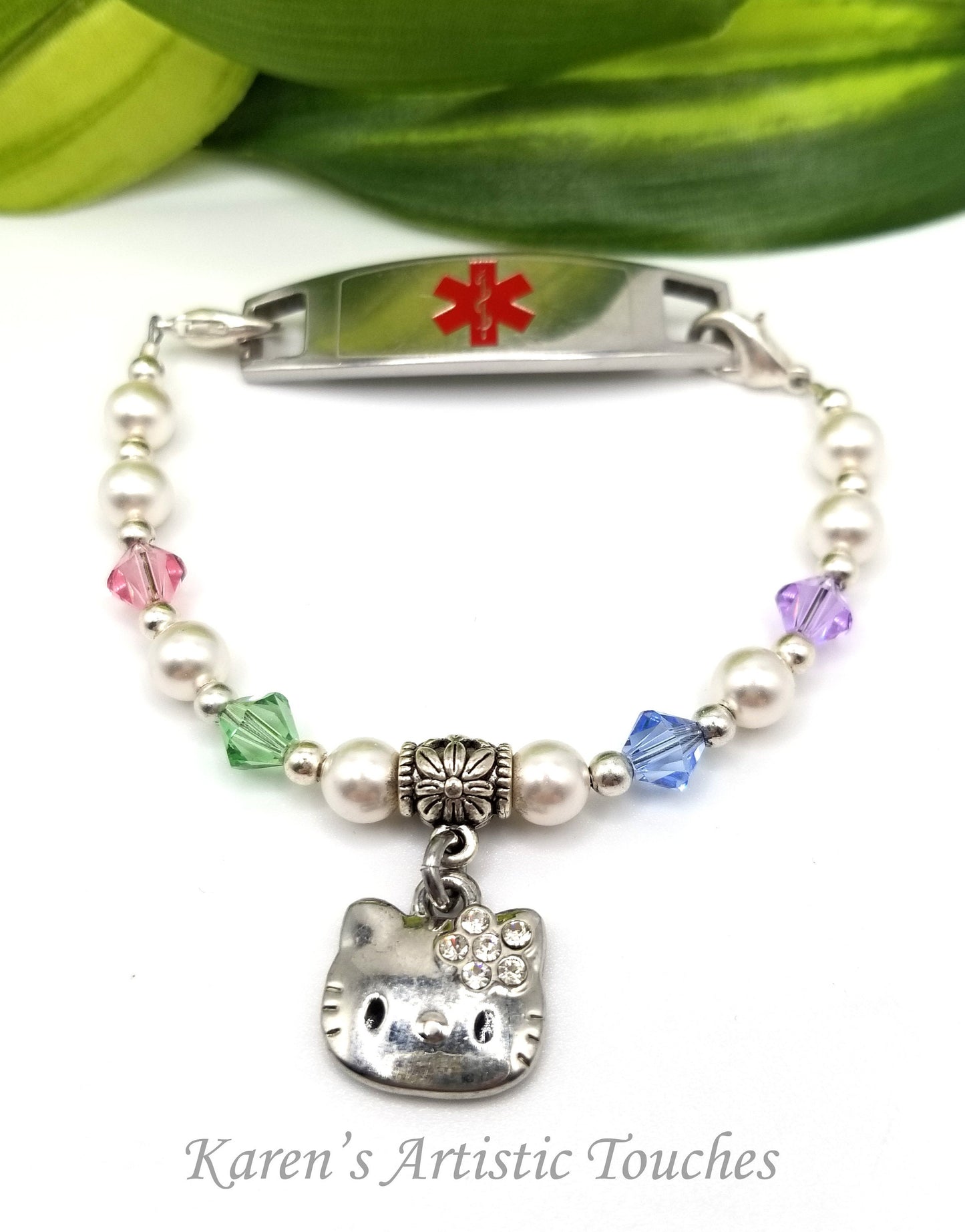 Kitty Cat Charm with Swarovski Pastel Pearl Medical ID Replacement Bracelet: Fashionable Cat-Themed Medical Alert Jewelry