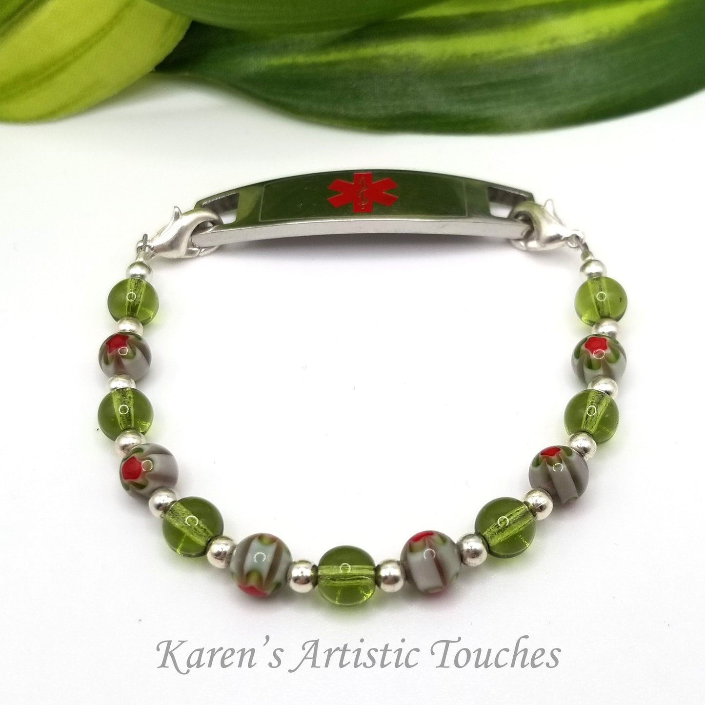 Green and Red Millefiori Glass Beaded Medical Alert Bracelet: Fashionable Medical ID Jewelry for Him or Her